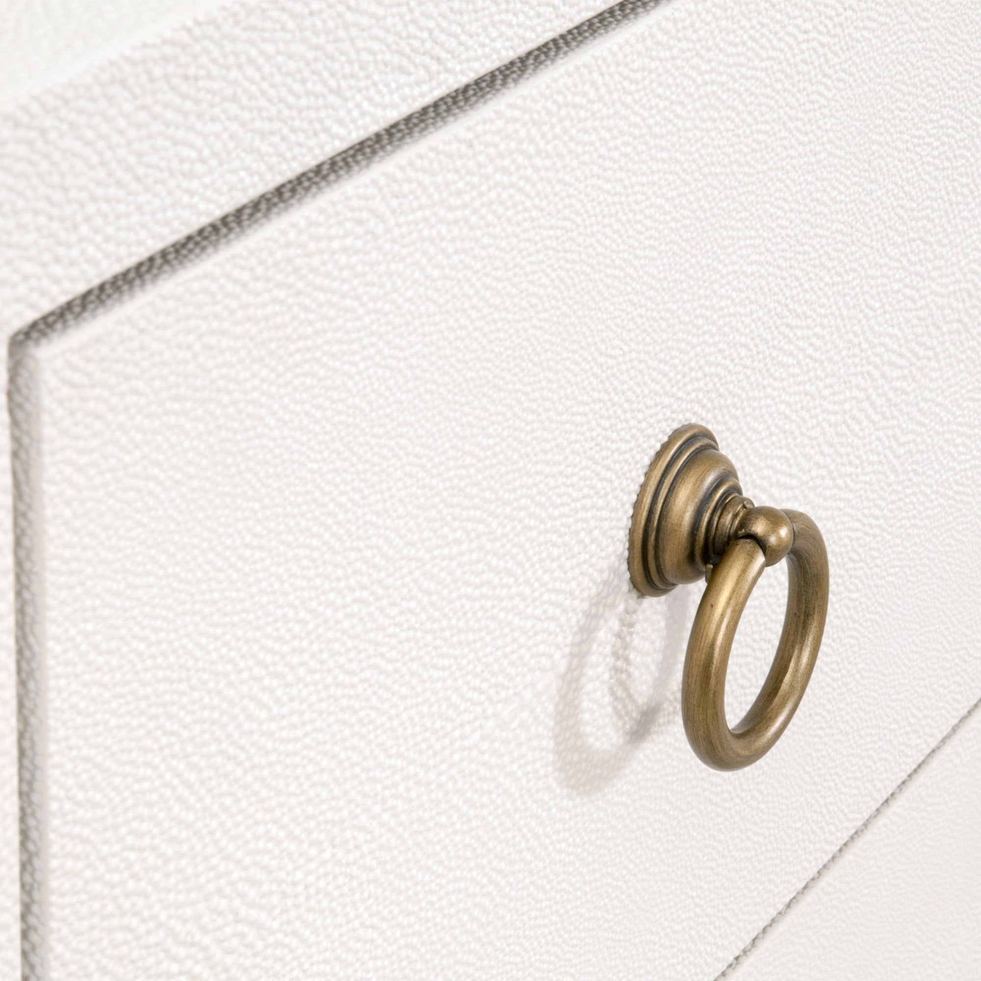 Close-up of pearl white faux shagreen drawer with brushed gold ring pull on Strand Shagreen Double Dresser by Essentials For Living