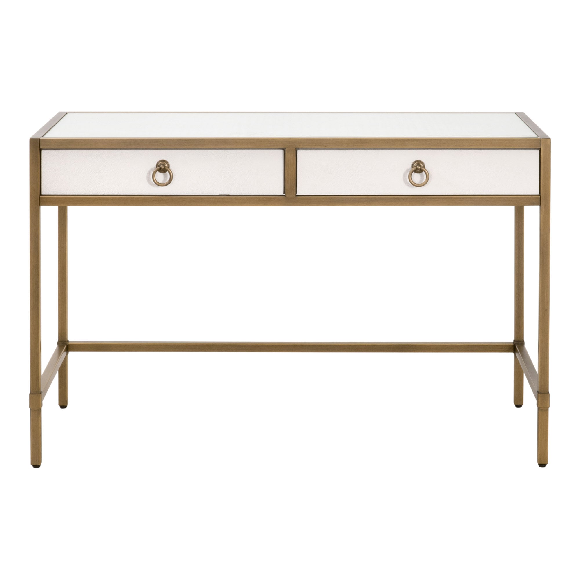 Pearl white faux shagreen desk by Essentials for Living with glass top, gold steel base, and two storage drawers.