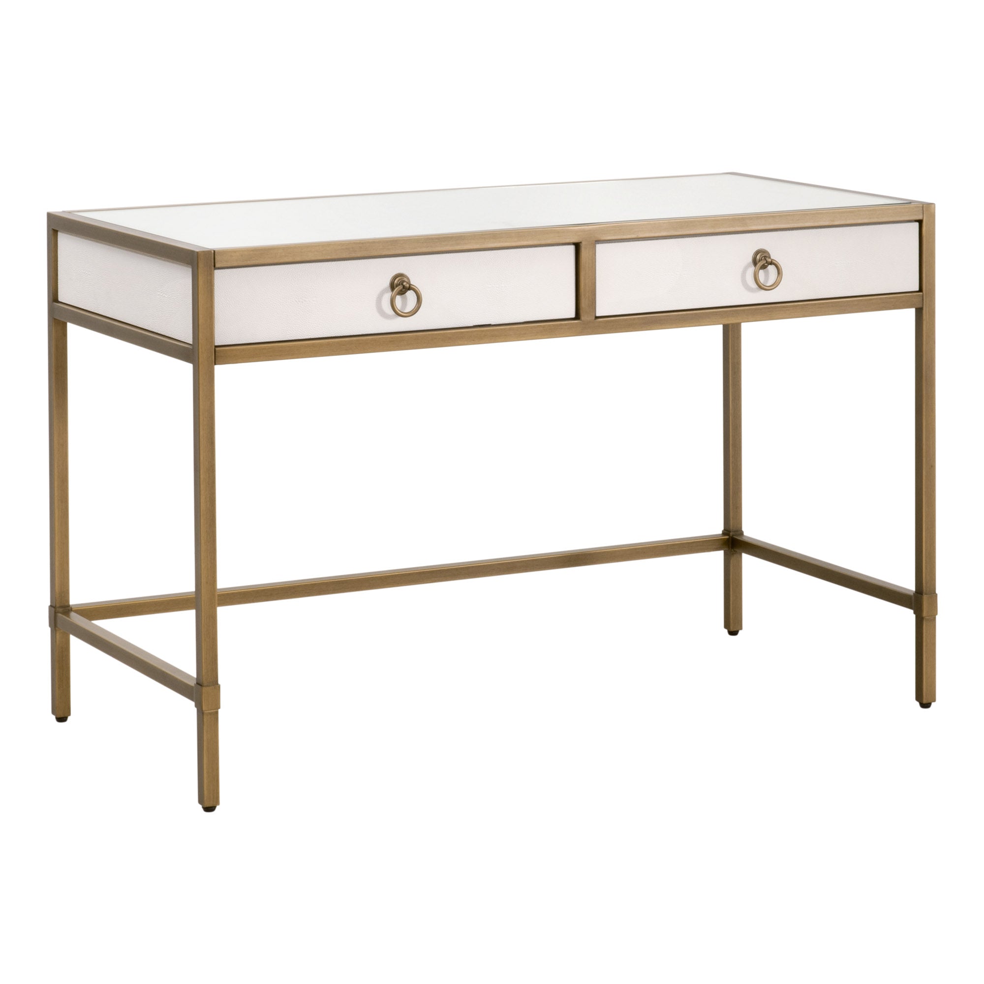Pearl white faux shagreen desk with glass top and brushed gold steel frame by Essentials for Living