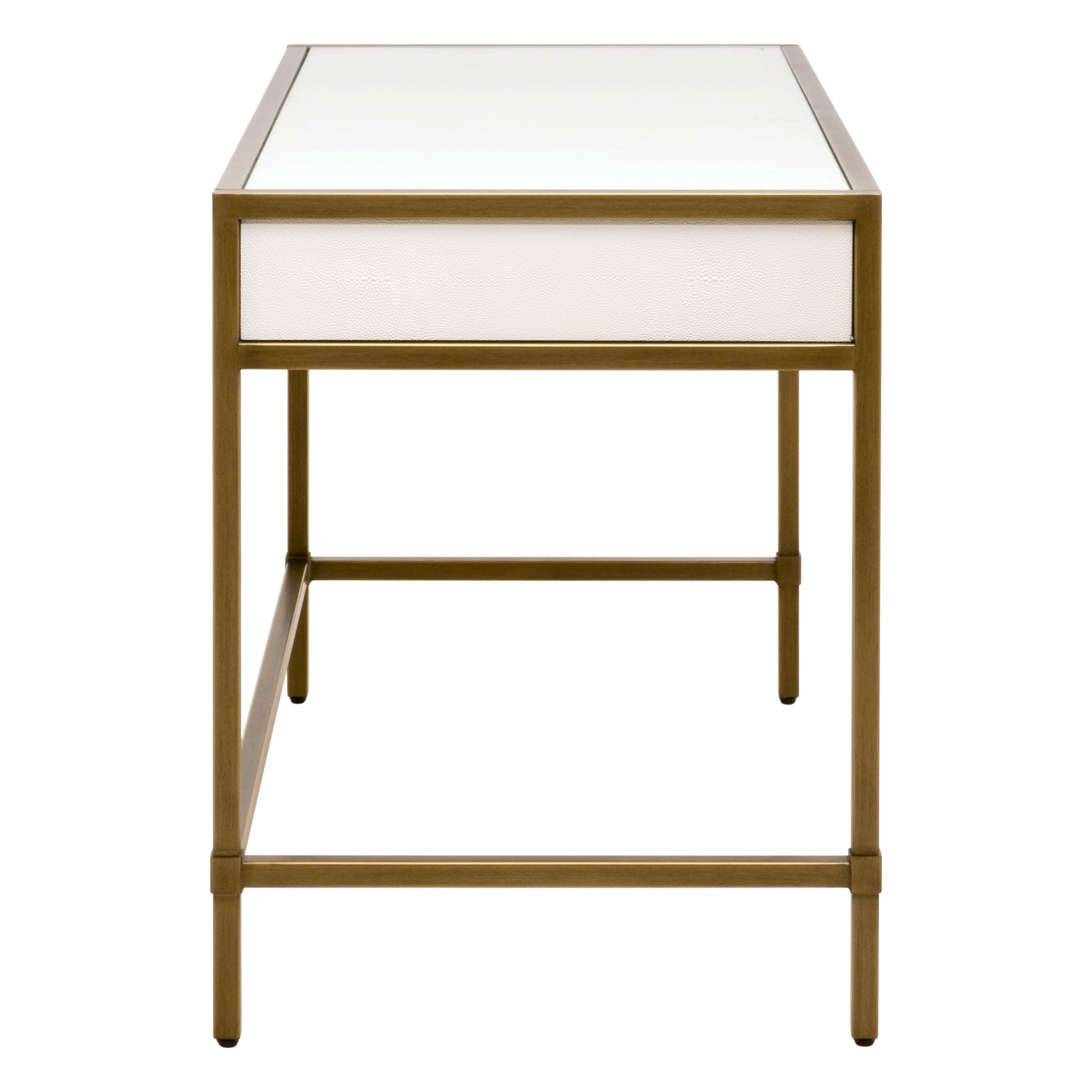 Essentials For Living Strand Shagreen Desk with faux pearl white shagreen and brushed gold steel frame front view