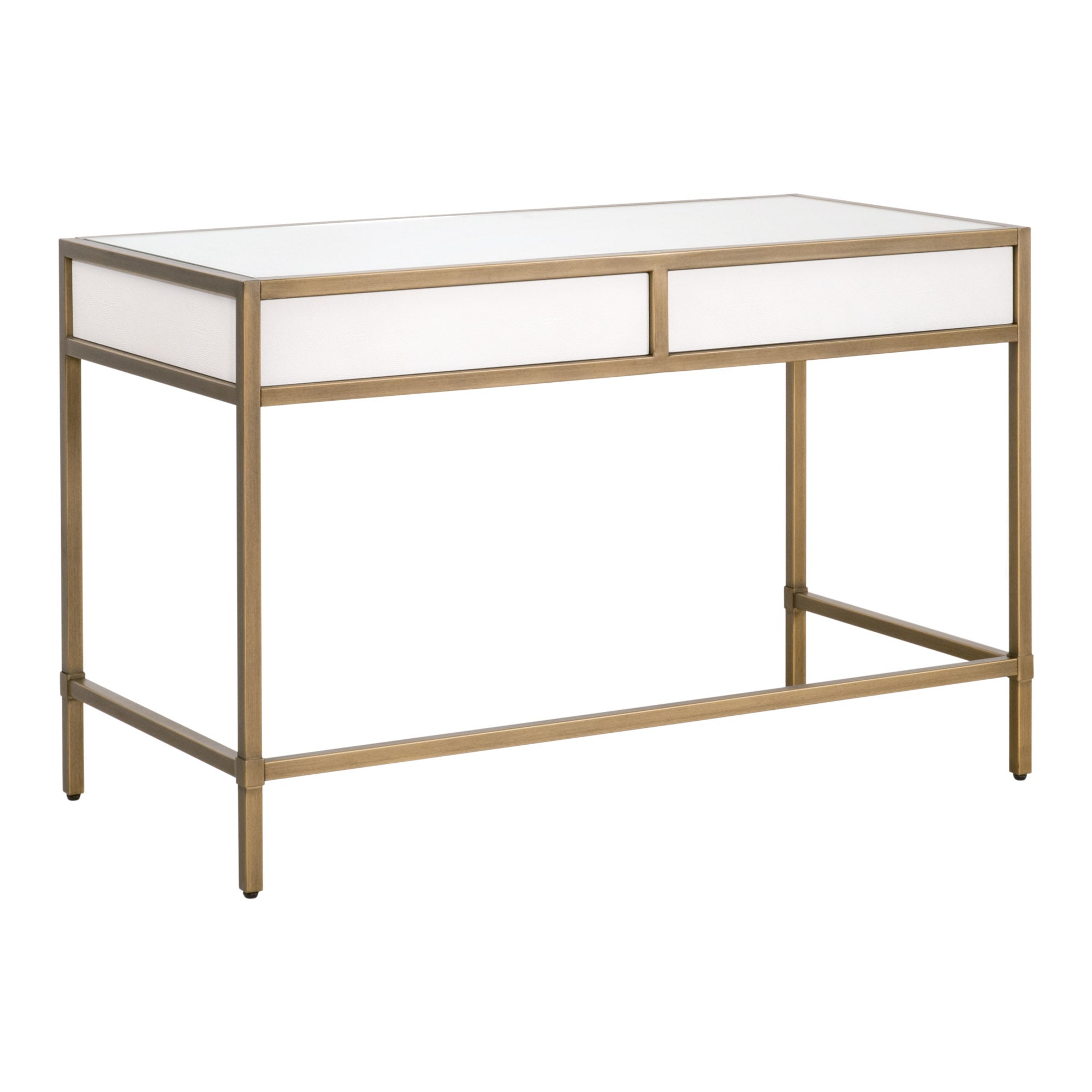 Pearl white faux shagreen desk with glass top, brushed gold steel frame, and two storage drawers by Essentials for Living