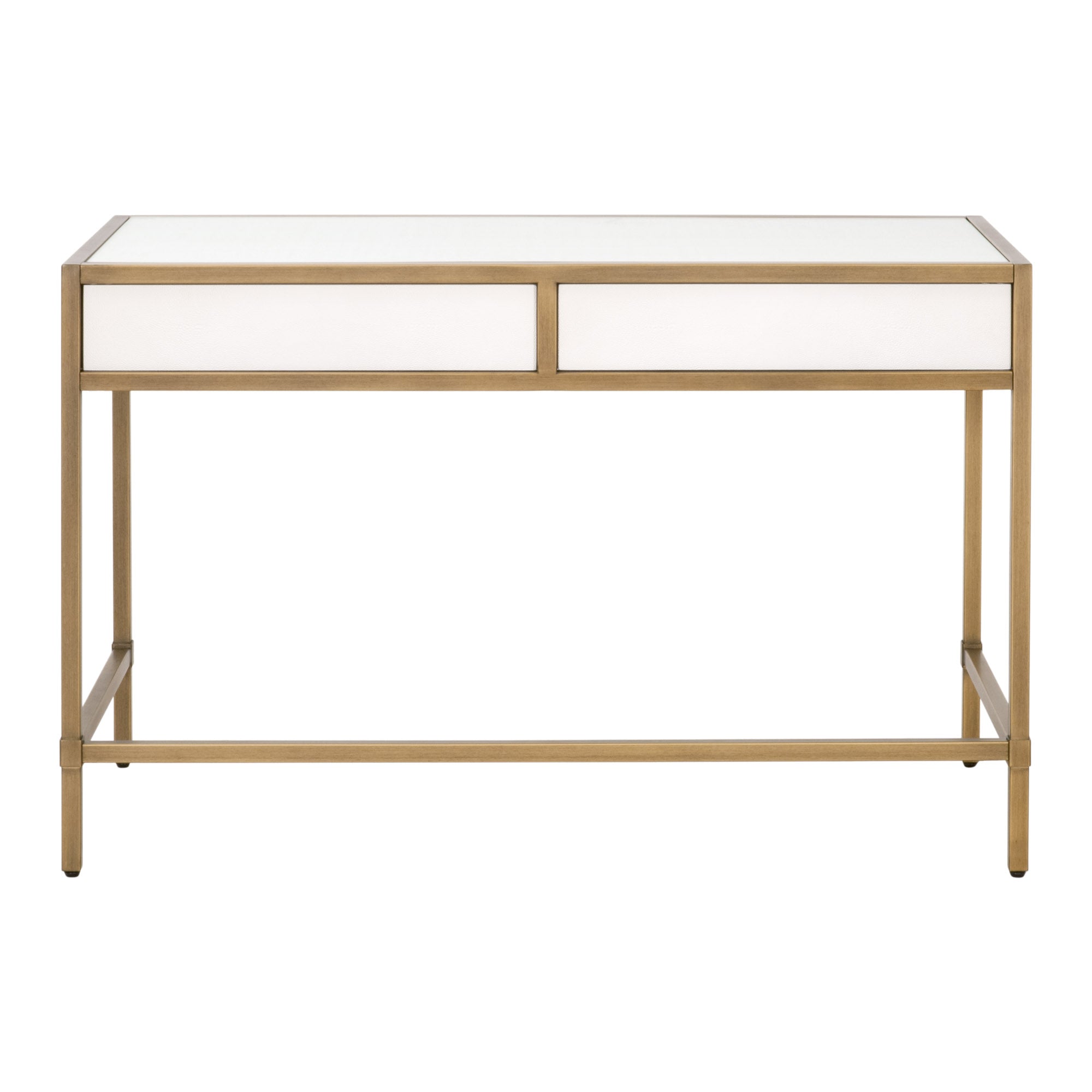 Pearl white faux shagreen desk with glass top and brushed gold steel frame featuring two storage drawers by Essentials for Living
