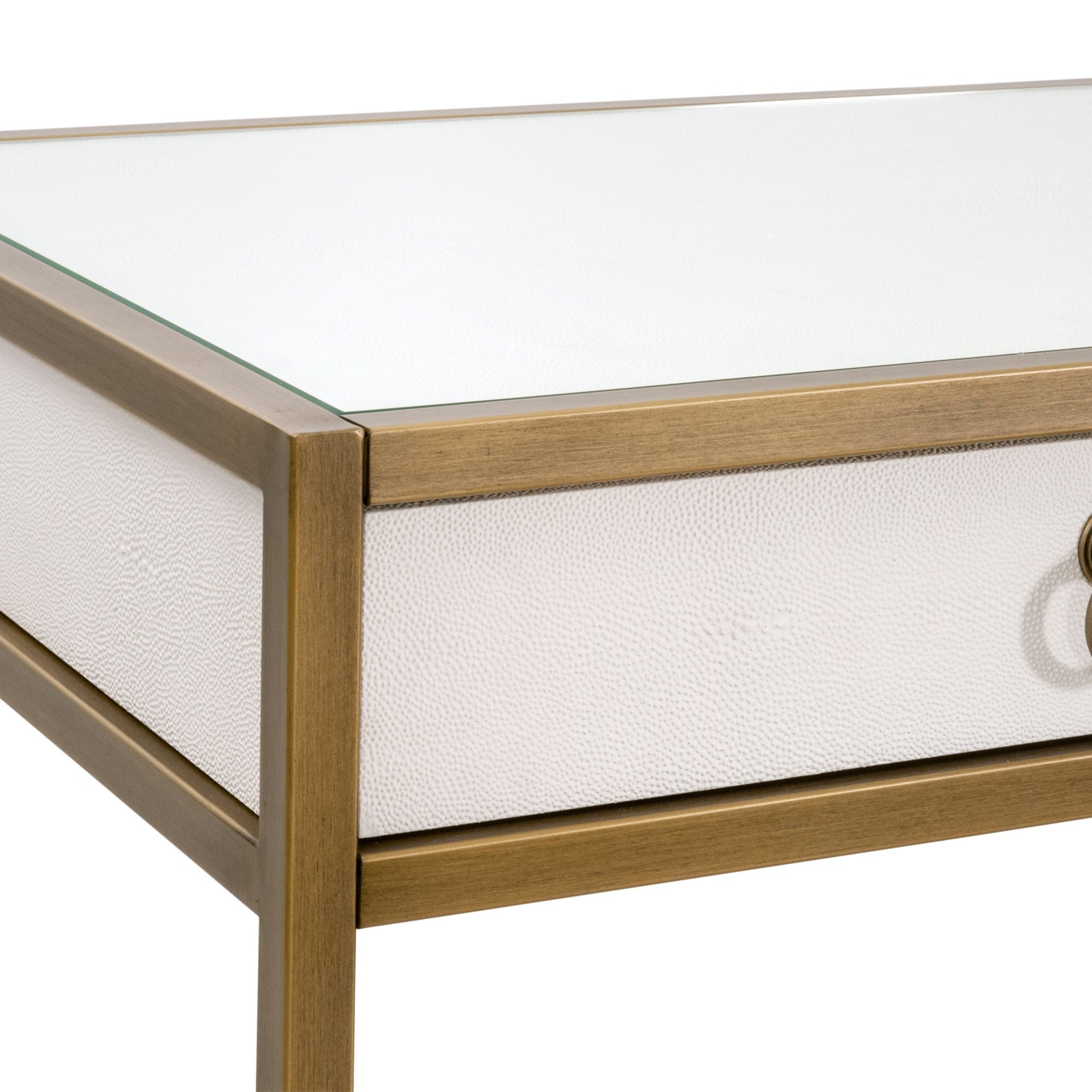 Close-up of Essentials for Living Strand Shagreen Desk corner showing white faux shagreen and brushed gold steel frame with glass top