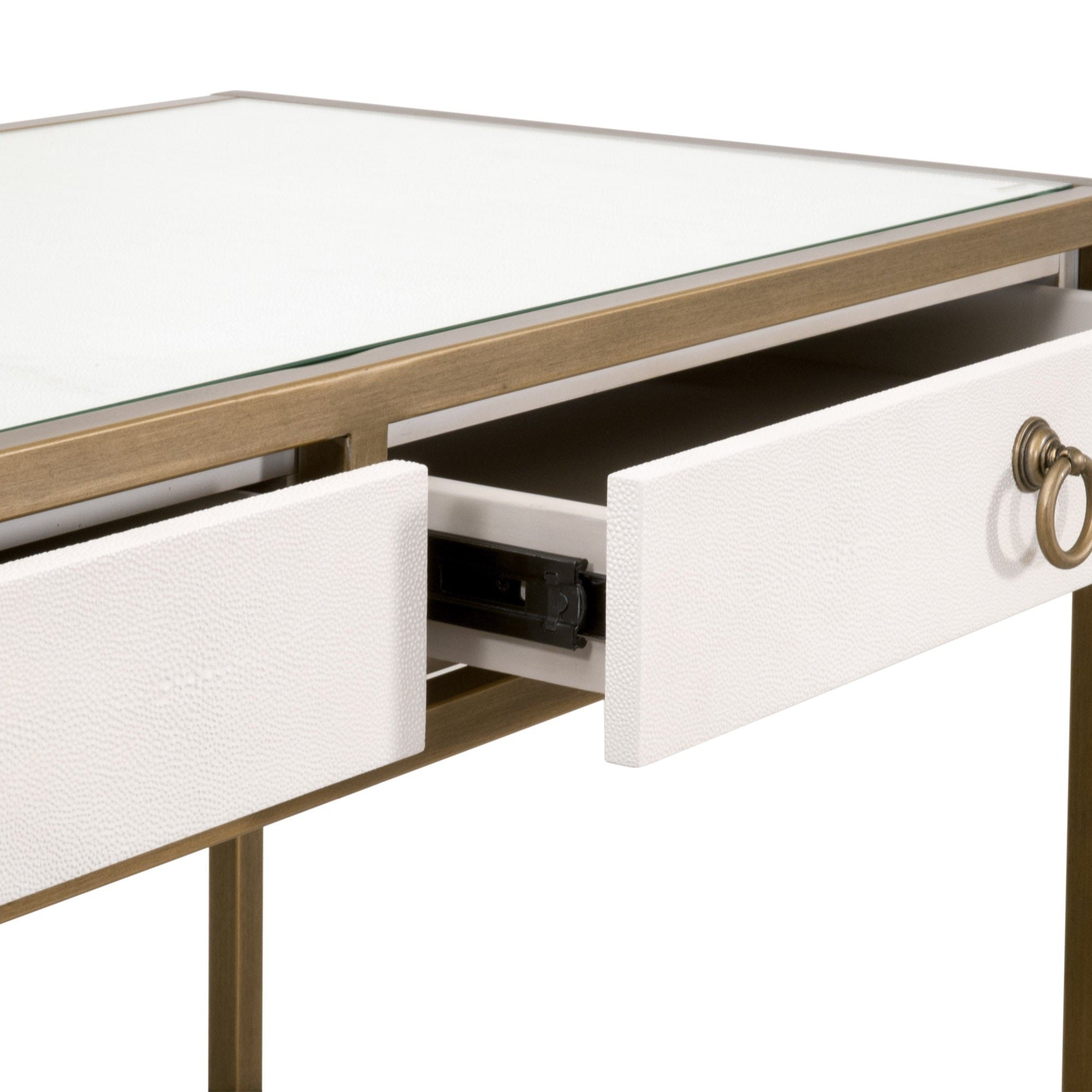 Close-up of Essentials for Living Strand Shagreen Desk showing pearl white faux shagreen drawers and brushed gold accents
