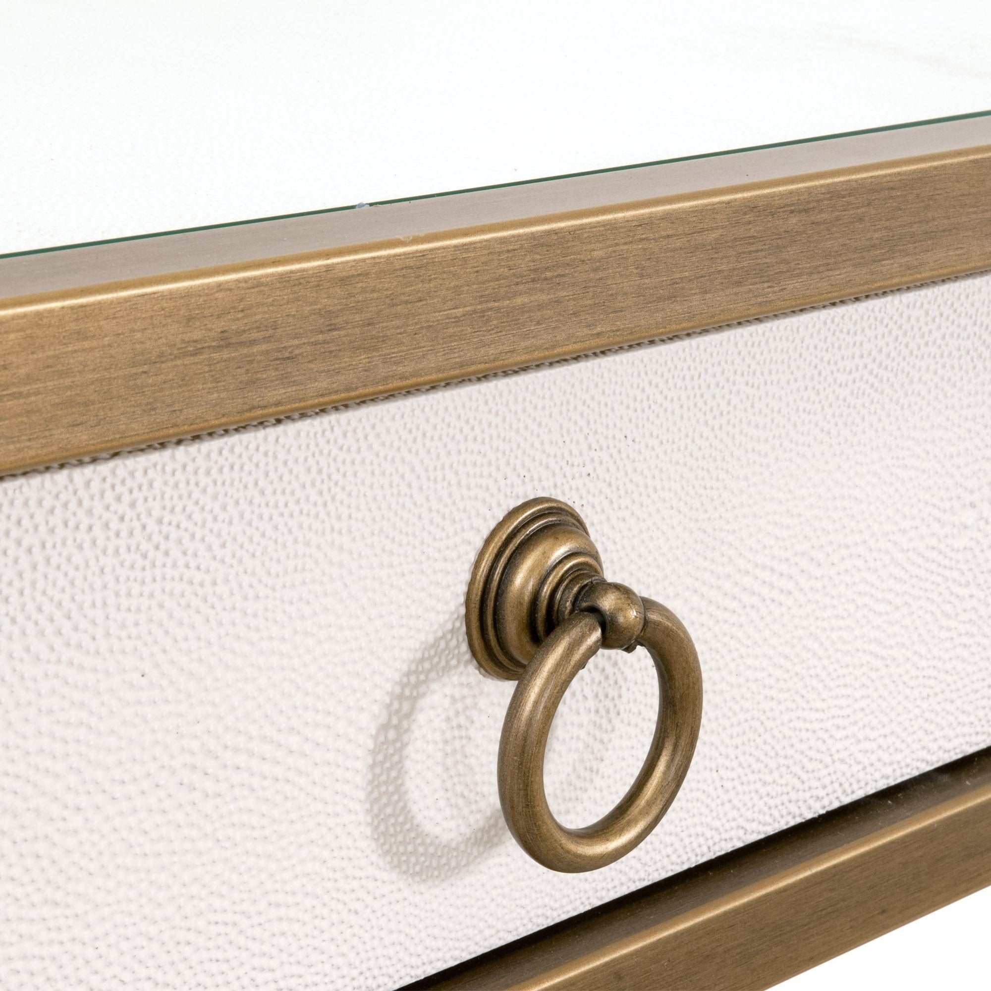 Close-up of Essentials For Living Strand Shagreen Desk drawer with brushed gold ring pull and pearl white textured finish.