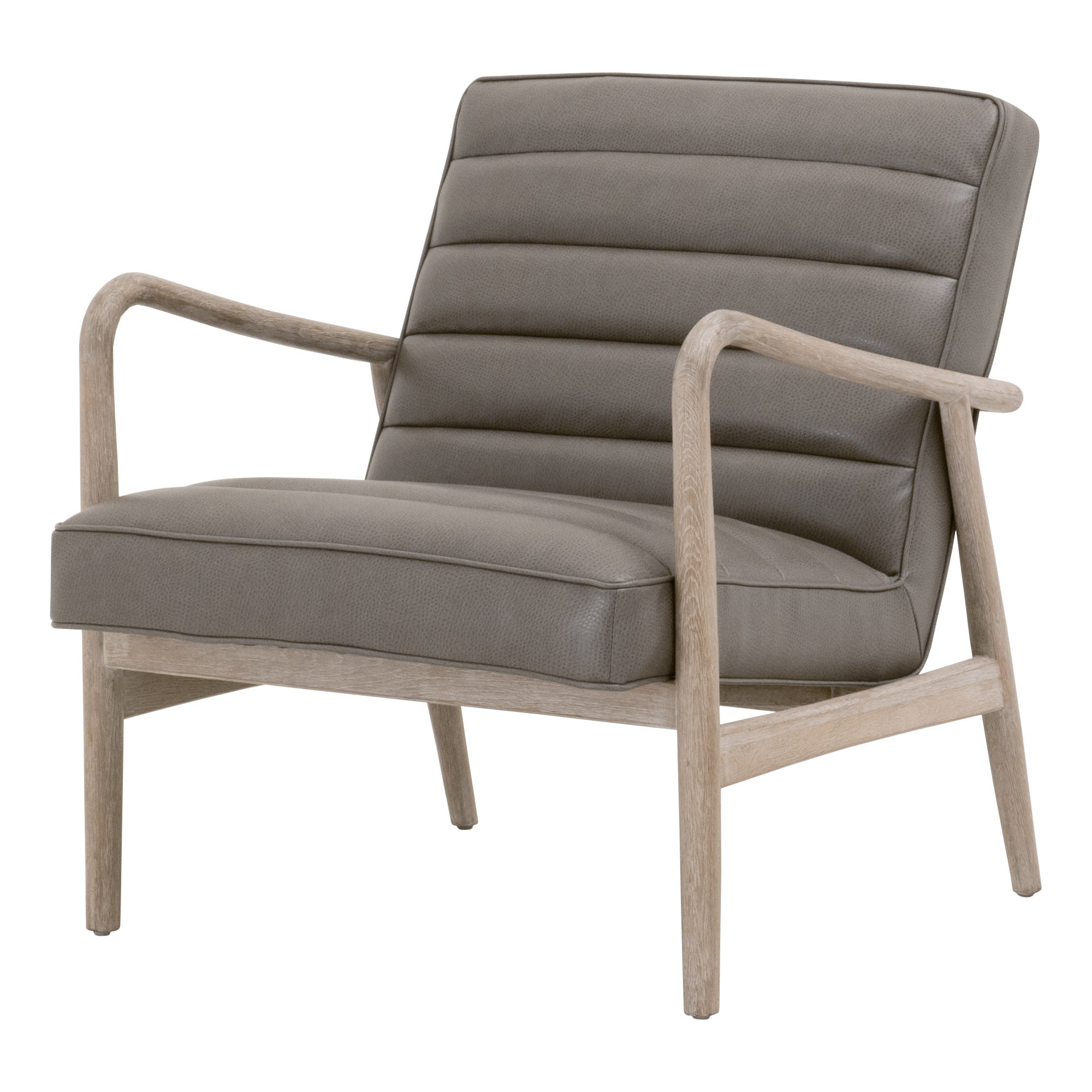 Gray synthetic leather Tahoe Club Chair with natural gray oak frame and horizontal channel tufting by Essentials for Living