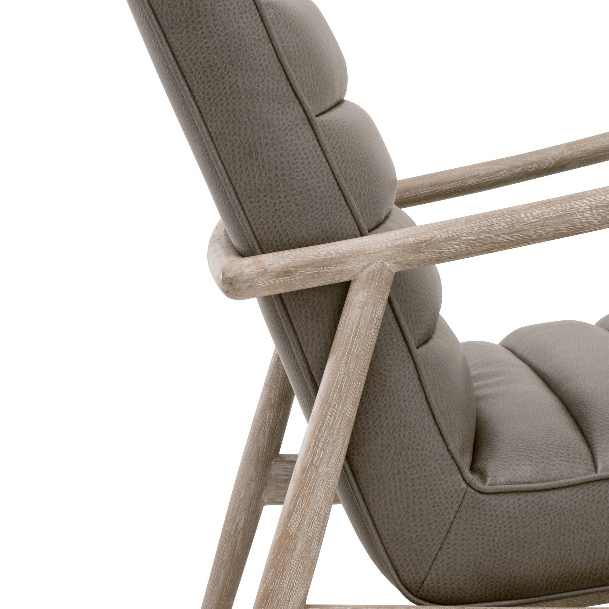 Side view of Tahoe Club Chair in gray synthetic leather with natural gray oak frame by Essentials For Living
