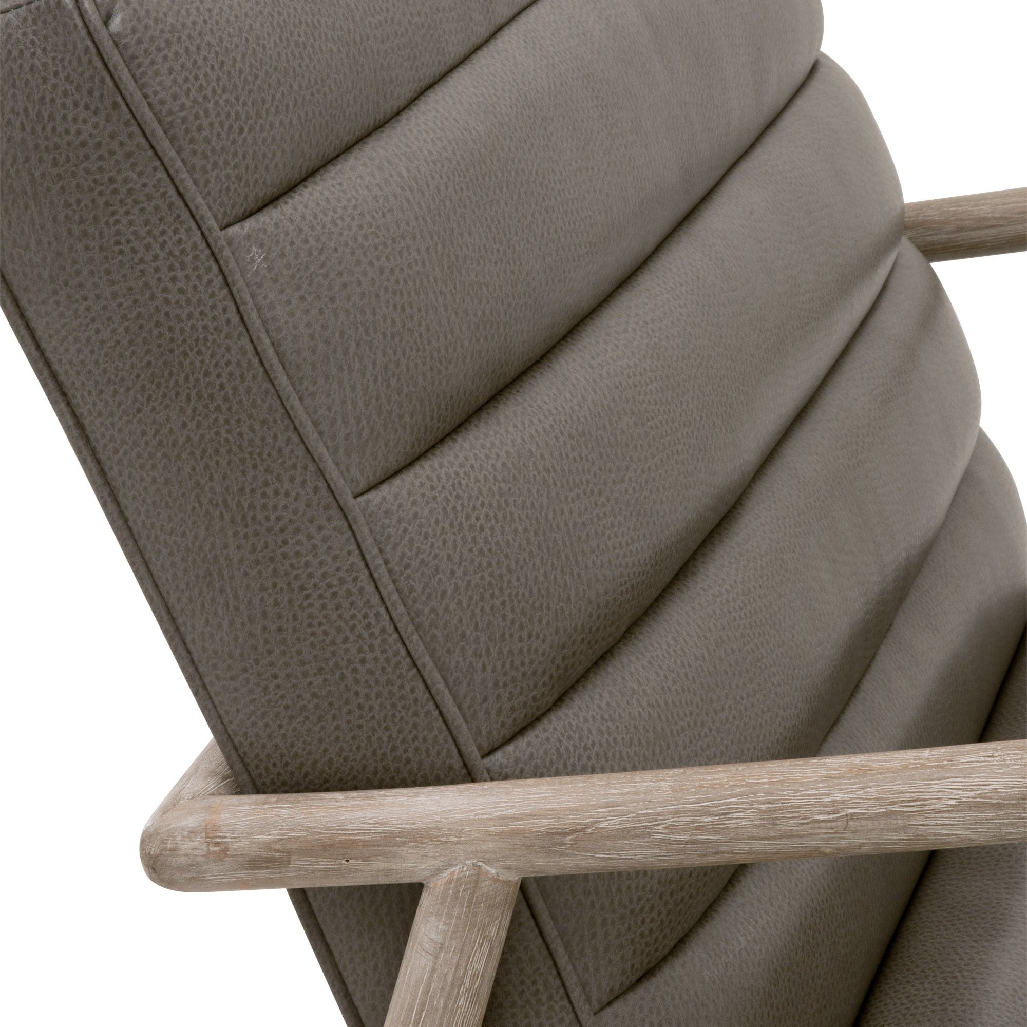 Close-up of Tahoe Club Chair with gray synthetic leather upholstery and natural gray oak frame details