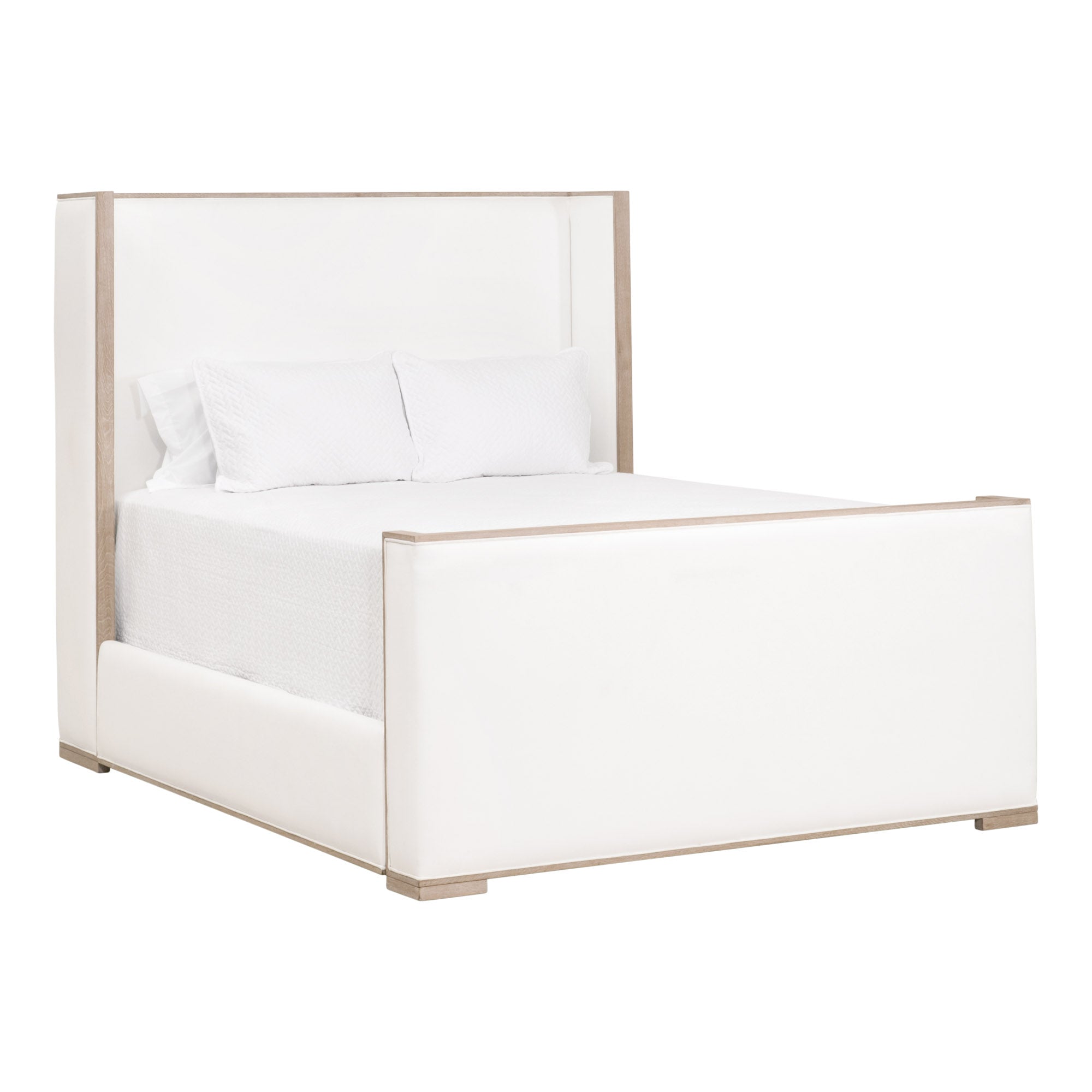 Tailor Shelter Standard King Bed by Essentials For Living with white upholstery and natural gray oak frame