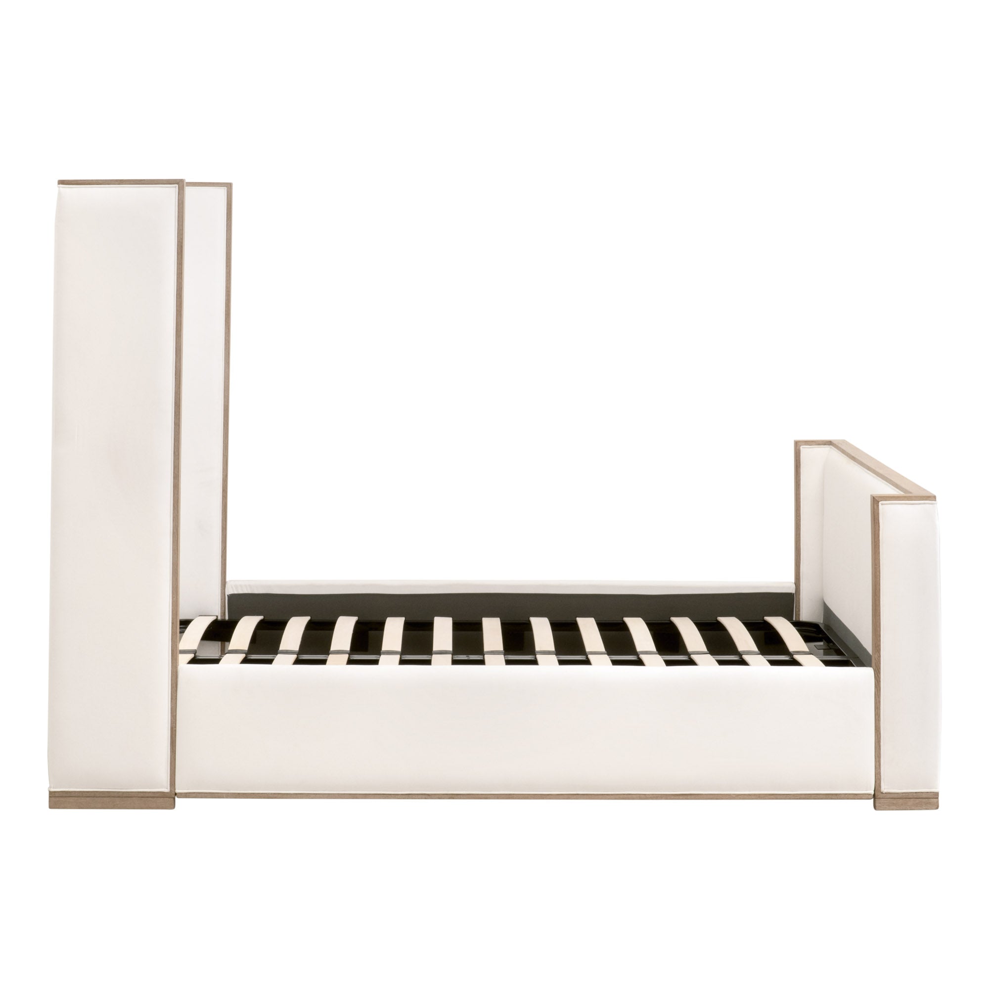 Essentials for Living Tailor Shelter Queen Bed with upholstered LiveSmart fabric and natural gray oak frame in a shelter-style design.