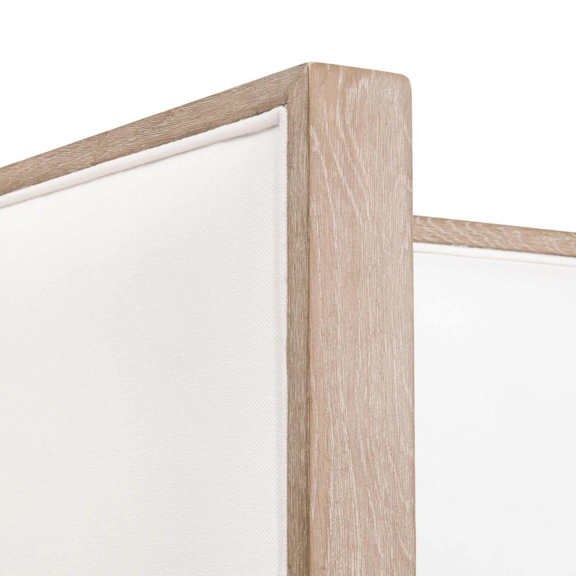 Close-up detail of Tailor Shelter Standard King Bed showing natural gray oak frame and Peyton-Pearl fabric upholstery by Essentials For Living