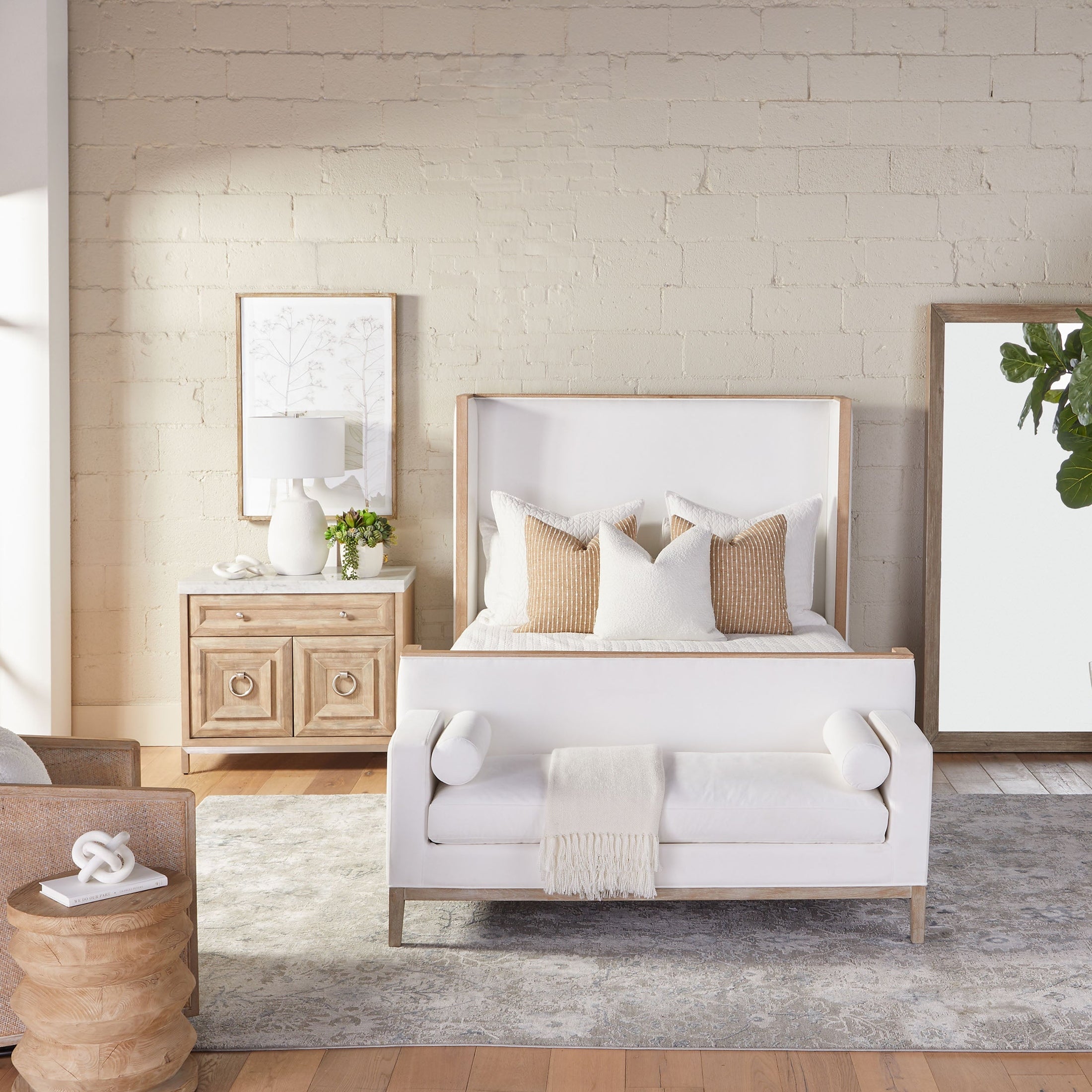 Essentials for Living Tailor Shelter Standard King Bed with natural gray oak frame and light neutral upholstery in modern bedroom setting