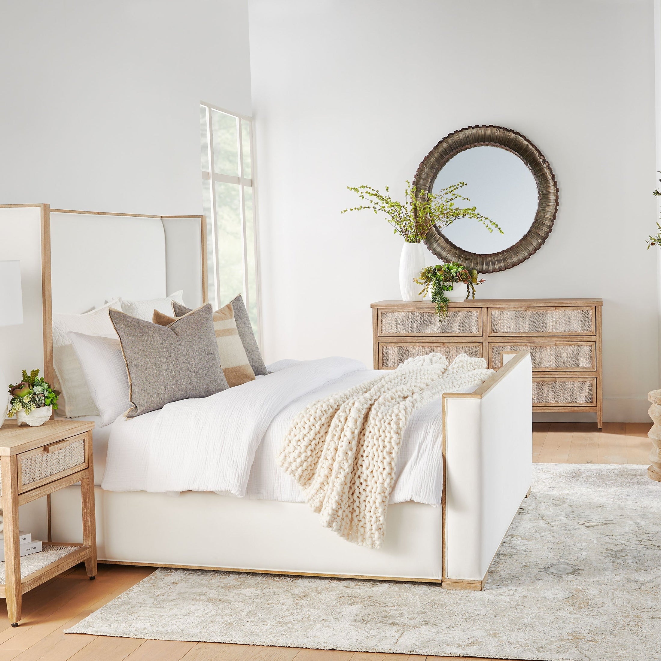 Tailor Shelter Cal King Bed by Essentials for Living with natural gray oak frame and neutral upholstered wingback design