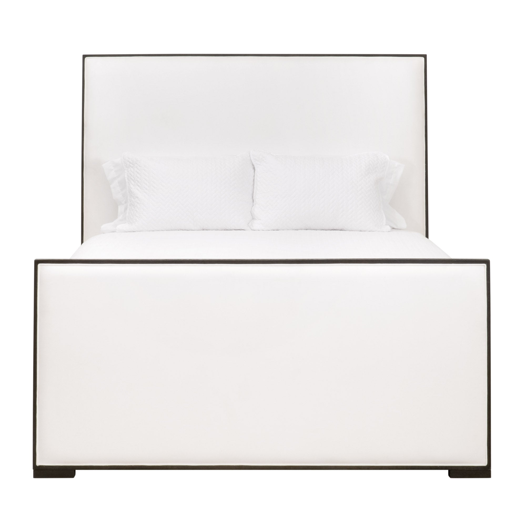 Tailor Standard King Bed by Essentials for Living with white upholstery and matte brown oak trim, modern and elegant design