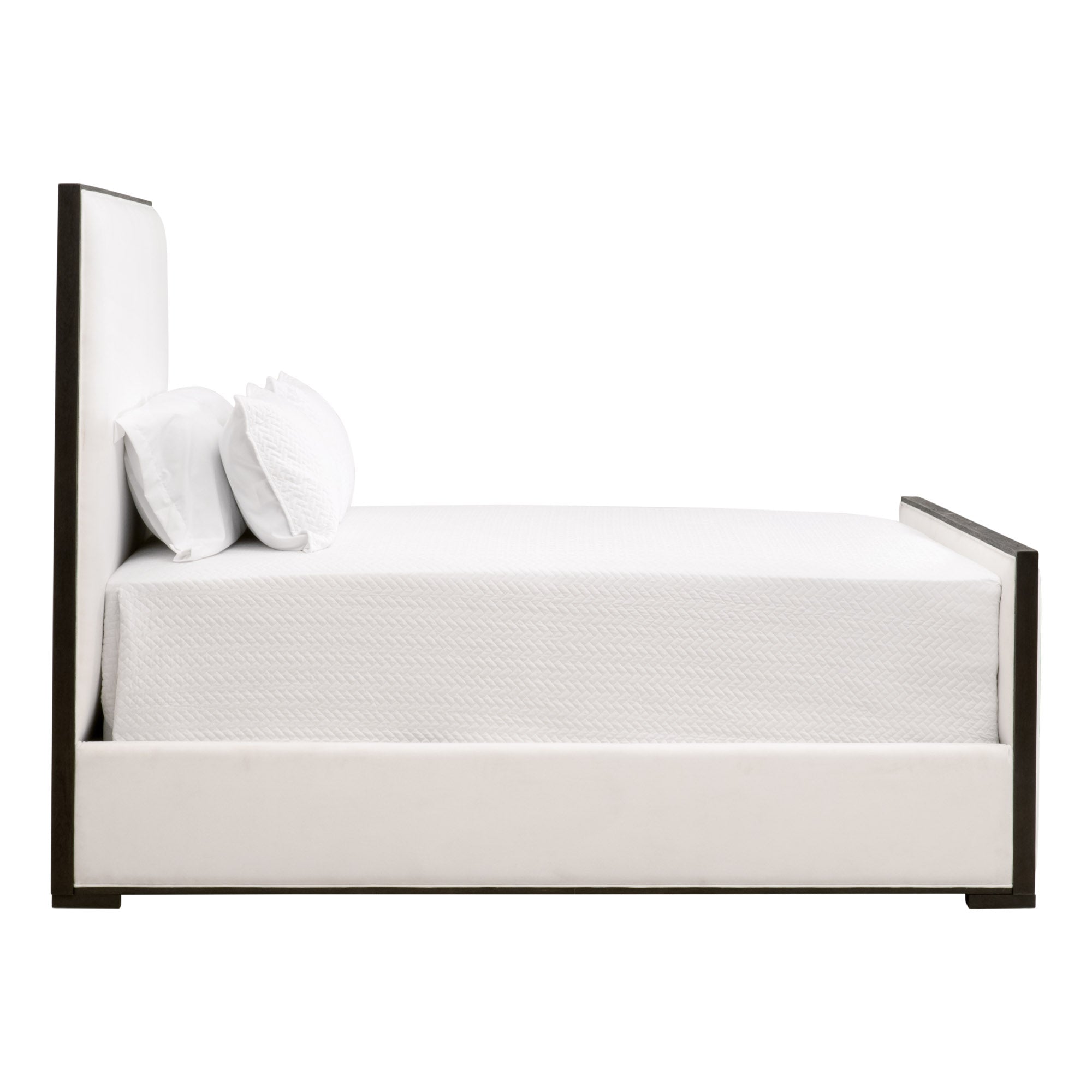 Side view of Tailor Standard King Bed by Essentials For Living with white upholstery and matte brown oak trim