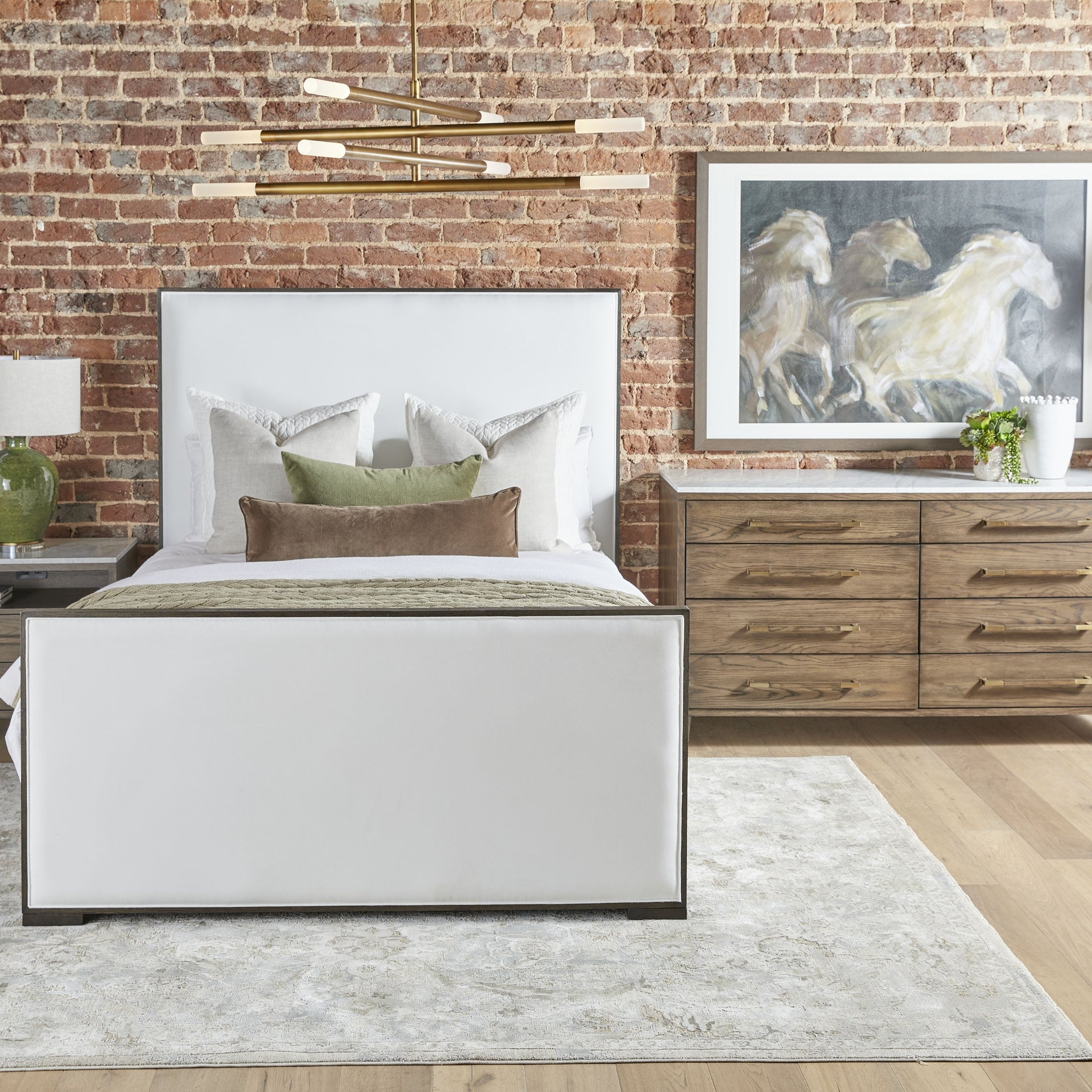 Modern Tailor Queen Bed with LiveSmart upholstery, matte brown oak frame, and clean lines in a cozy bedroom setting