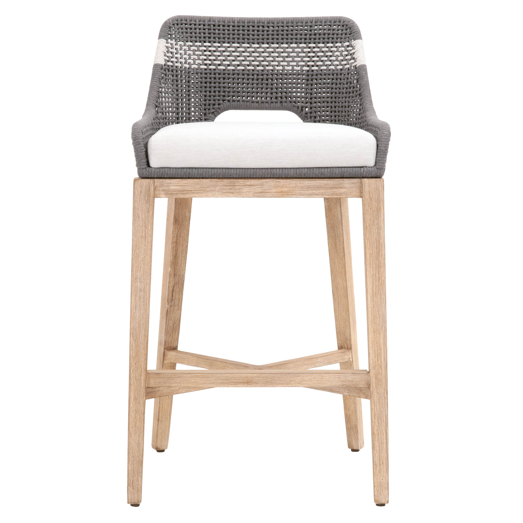 Essentials for Living Tapestry Barstool with taupe and white woven seat and natural gray mahogany wood frame
