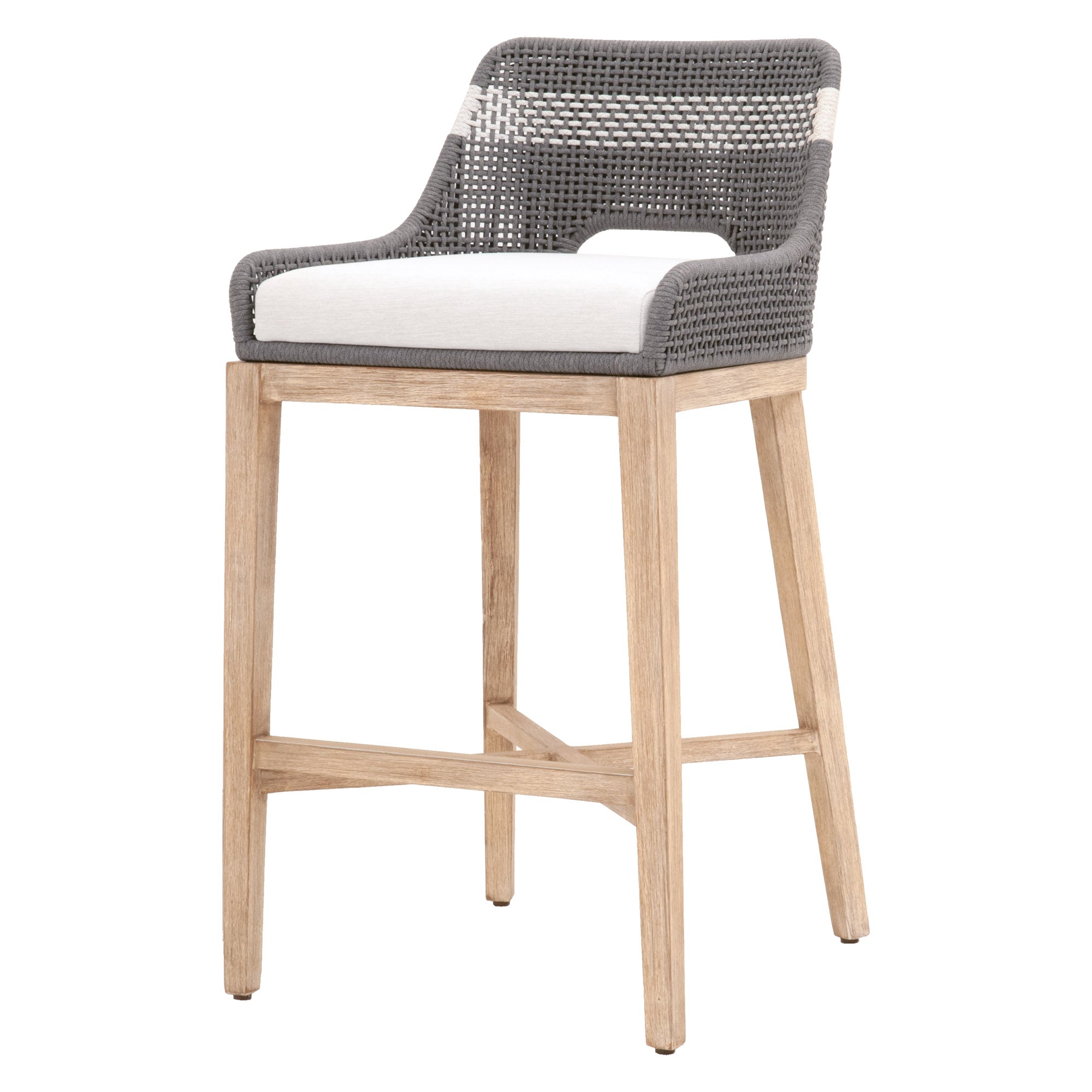Essentials For Living Tapestry Barstool with interwoven taupe rope back and light cushion on natural wood frame