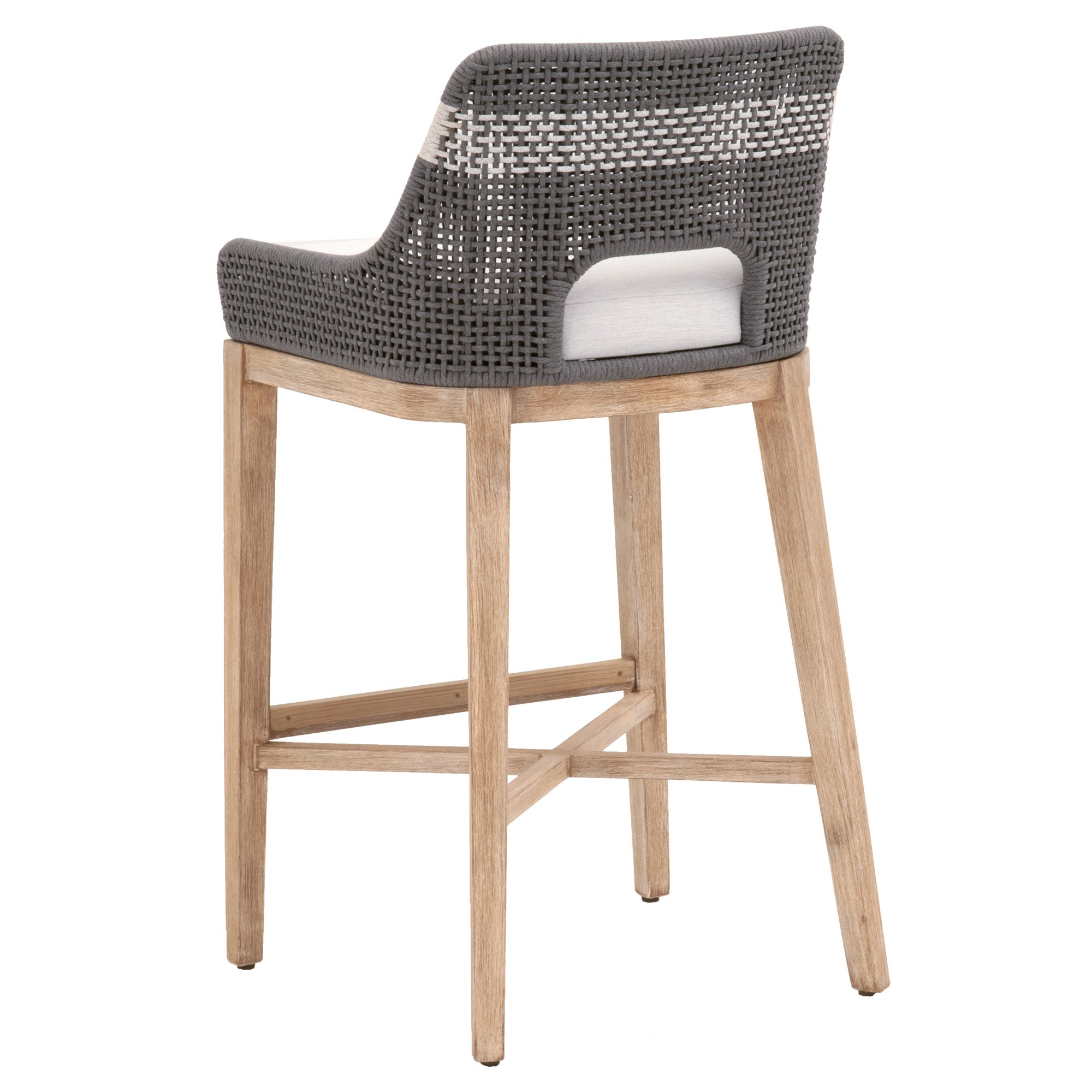 Tapestry Barstool by Essentials For Living with taupe woven rope back and natural gray mahogany wood frame.