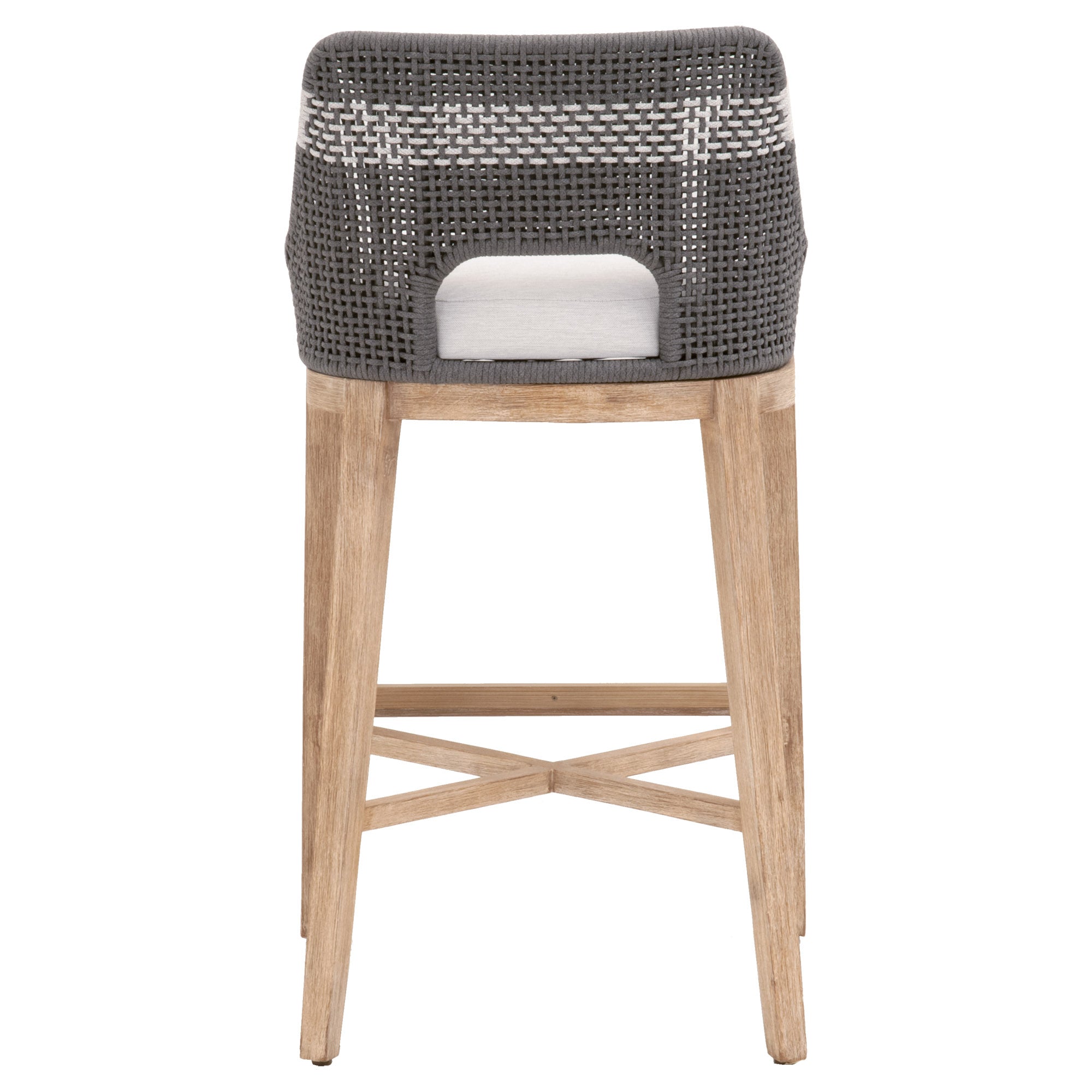 Essentials for Living Tapestry Barstool with taupe and white woven rope back and natural gray mahogany wood frame
