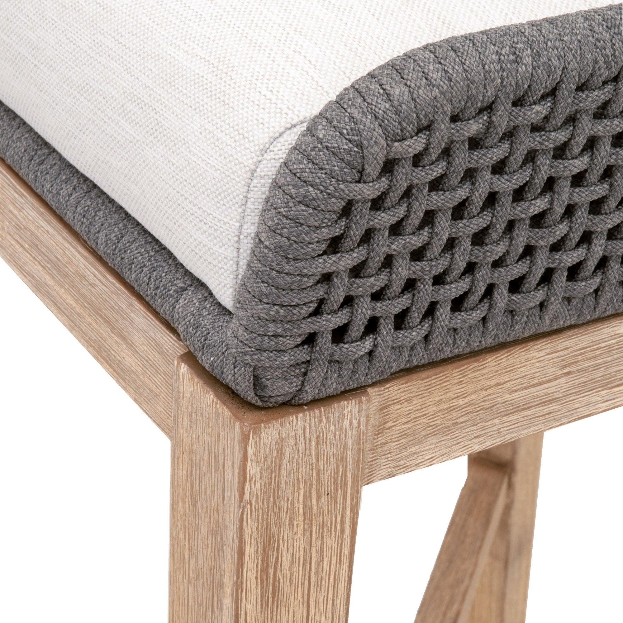 Close-up of Essentials For Living Tapestry Barstool showing woven taupe rope and pumice fabric cushion on gray mahogany wood frame