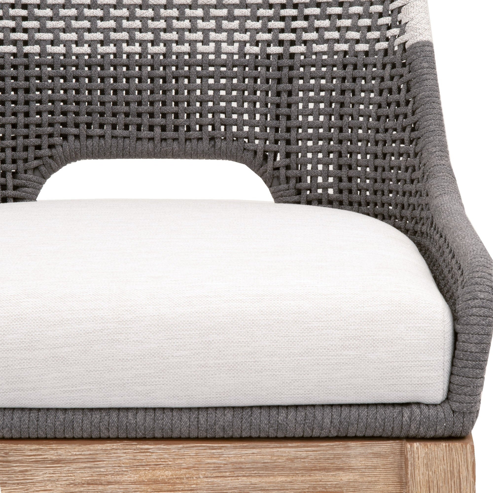 Close-up of Essentials for Living Tapestry Barstool showing woven taupe and white rope with cushioned pumice fabric seat