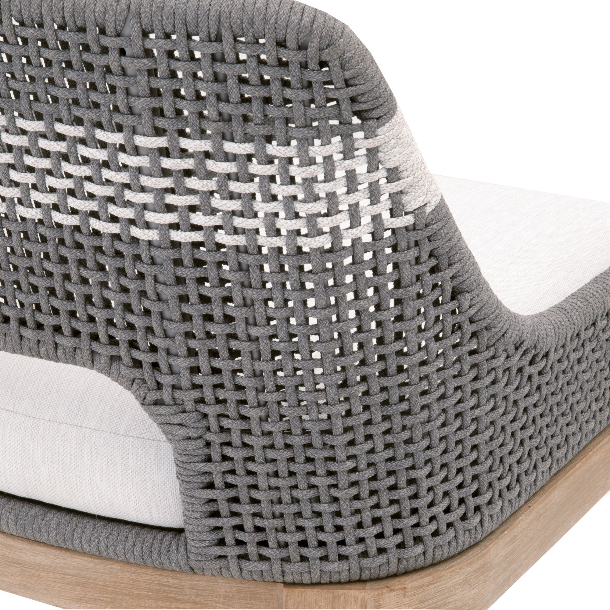 Close-up of Tapestry Barstool’s woven taupe and white polypropylene rope back with pumice cushioned seat and wood base