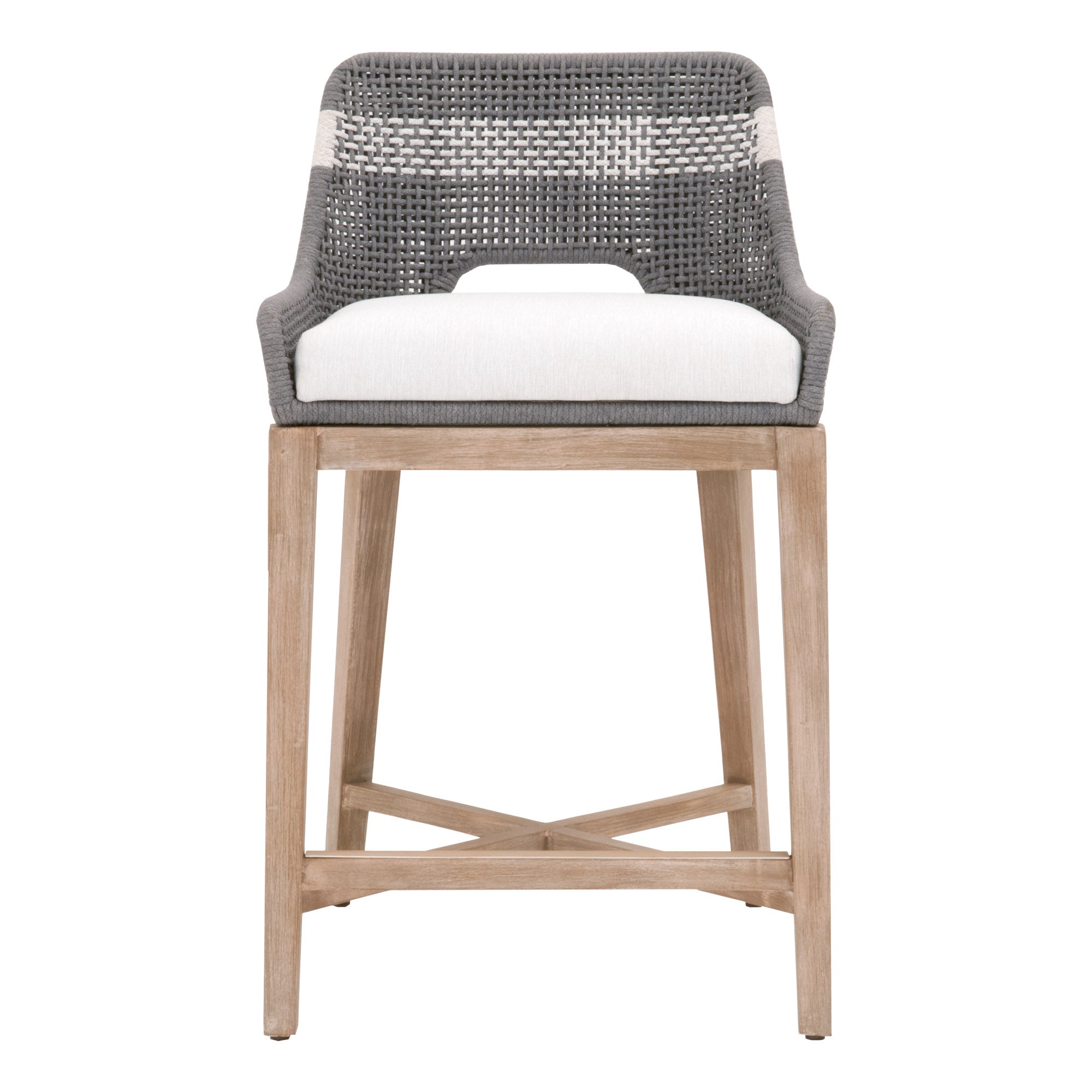 Transitional counter stool with taupe woven rope back, pumice cushion, and natural gray mahogany wood base by Essentials For Living
