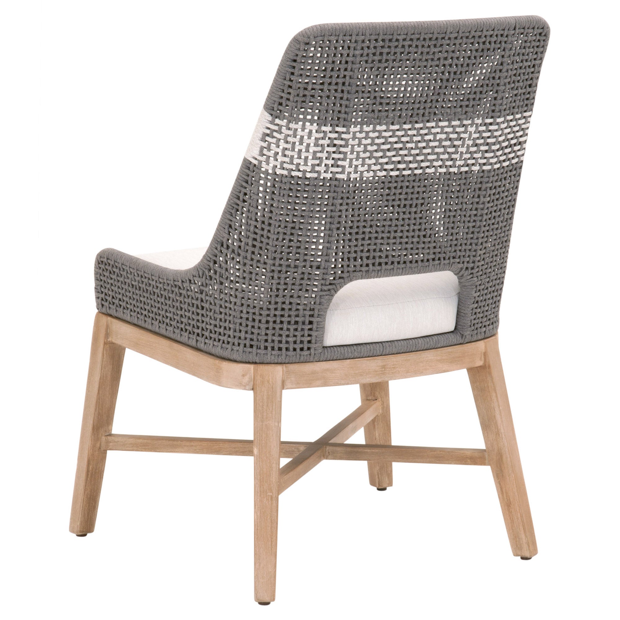 Essentials for Living tapestry dining chair with woven taupe and white rope back and solid wood legs in natural gray finish