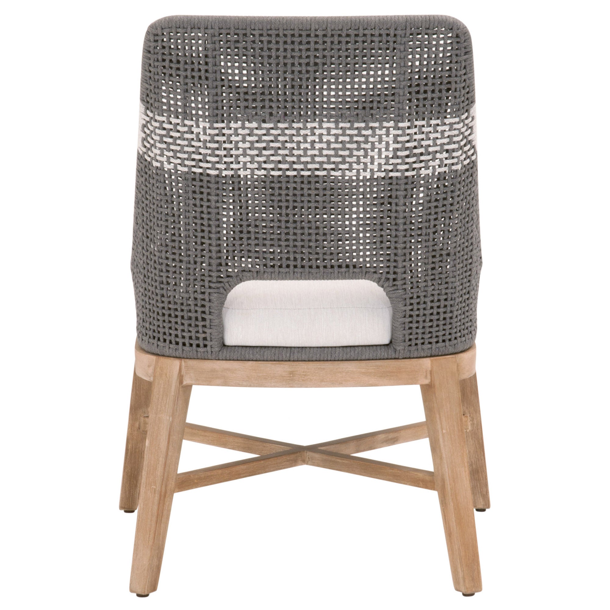 Back view of Essentials for Living tapestry dining chair with woven taupe and white rope and natural gray wood legs