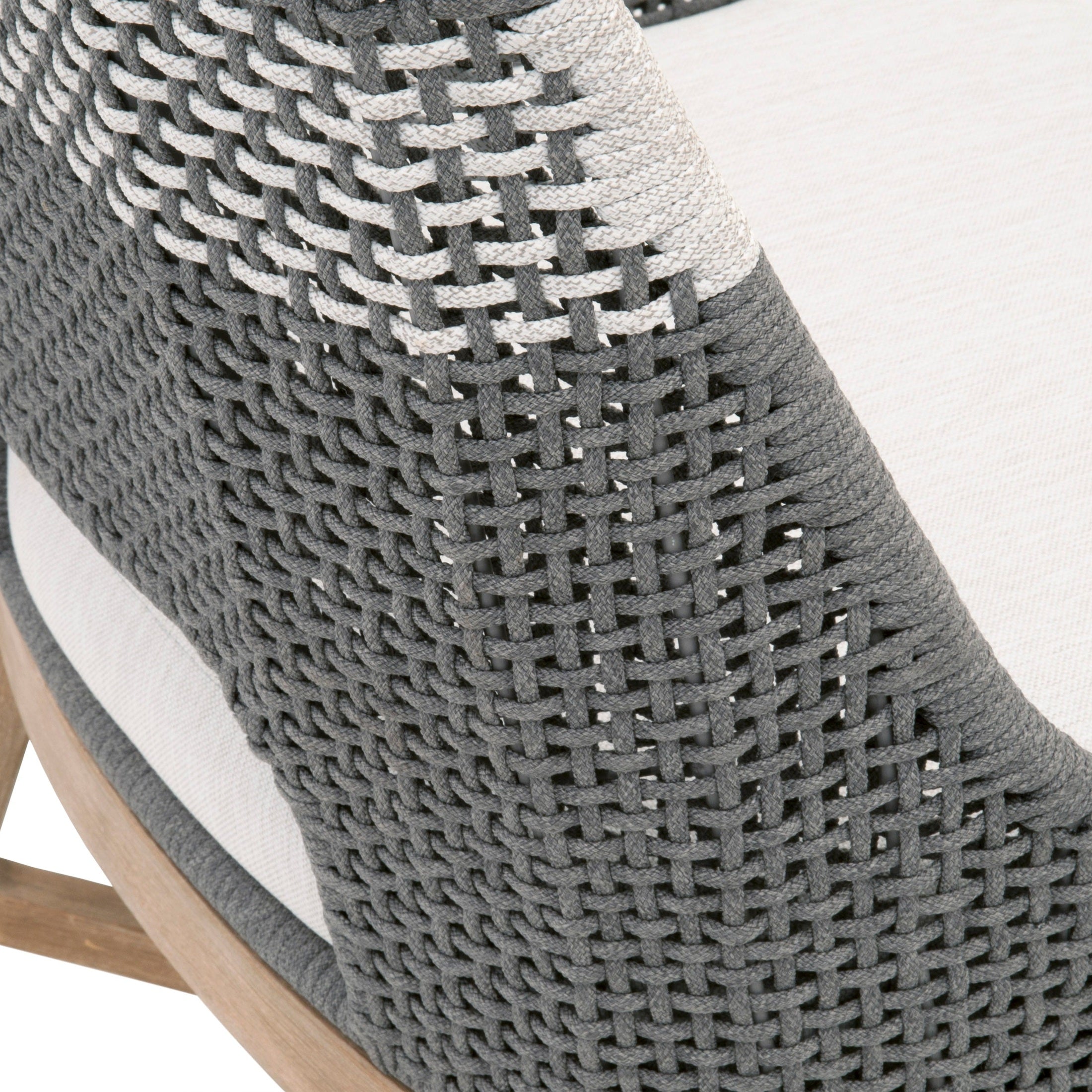 Close-up of woven taupe and white rope back on Essentials for Living Tapestry Dining Chair with pumice cushion and wood legs