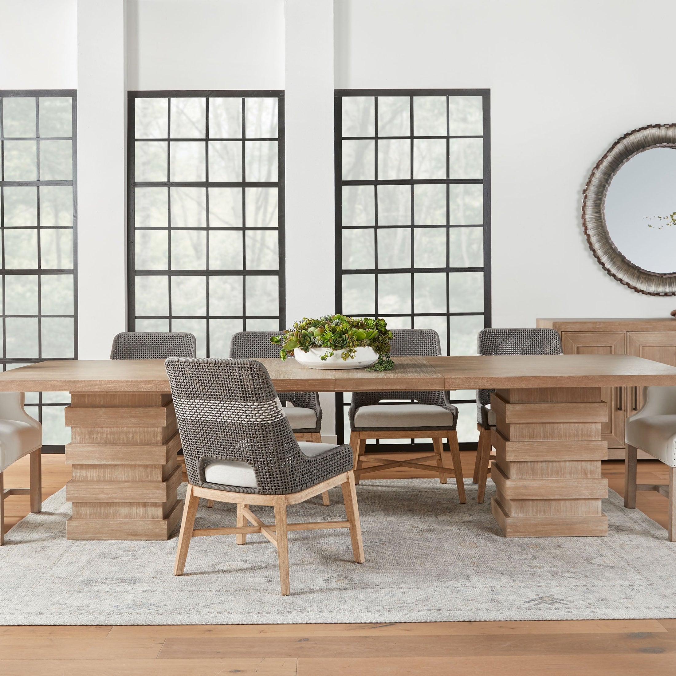 Set of 2 Essentials For Living Tapestry Dining Chairs with woven taupe and white rope backs and pumice cushions