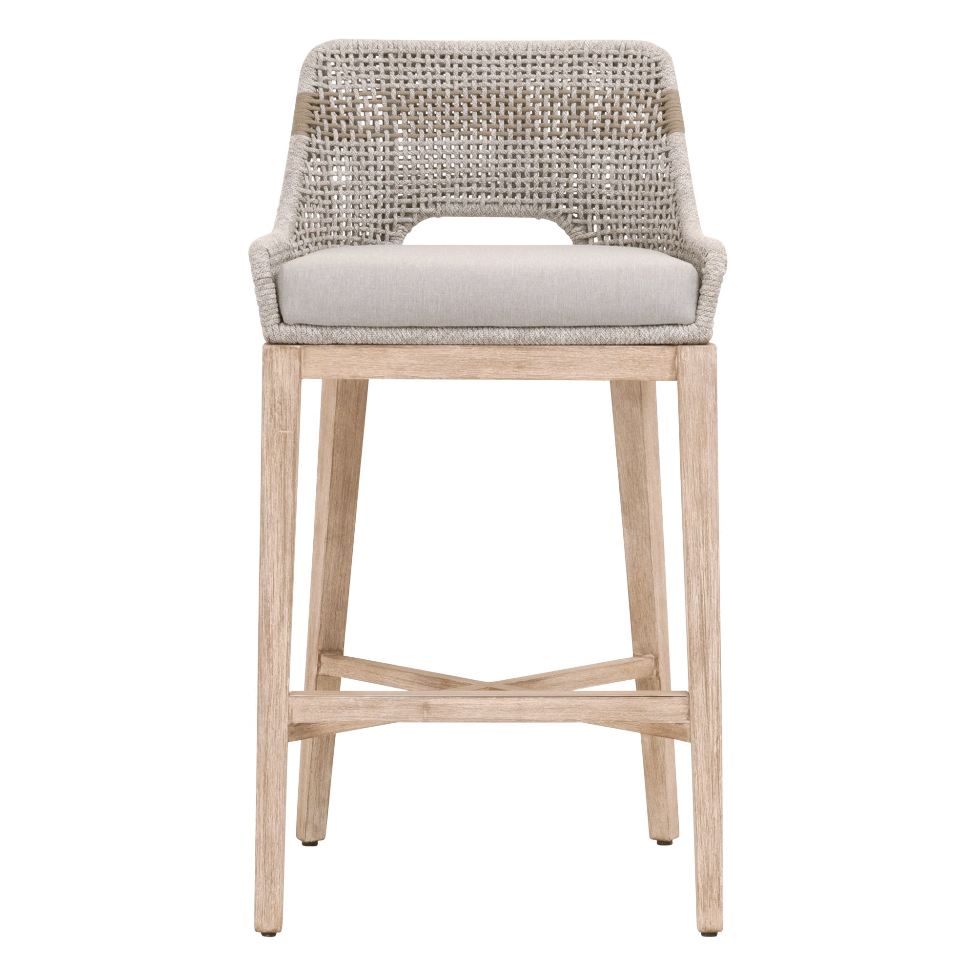 Essentials For Living coastal style barstool with interwoven taupe and white rope and natural gray wood frame
