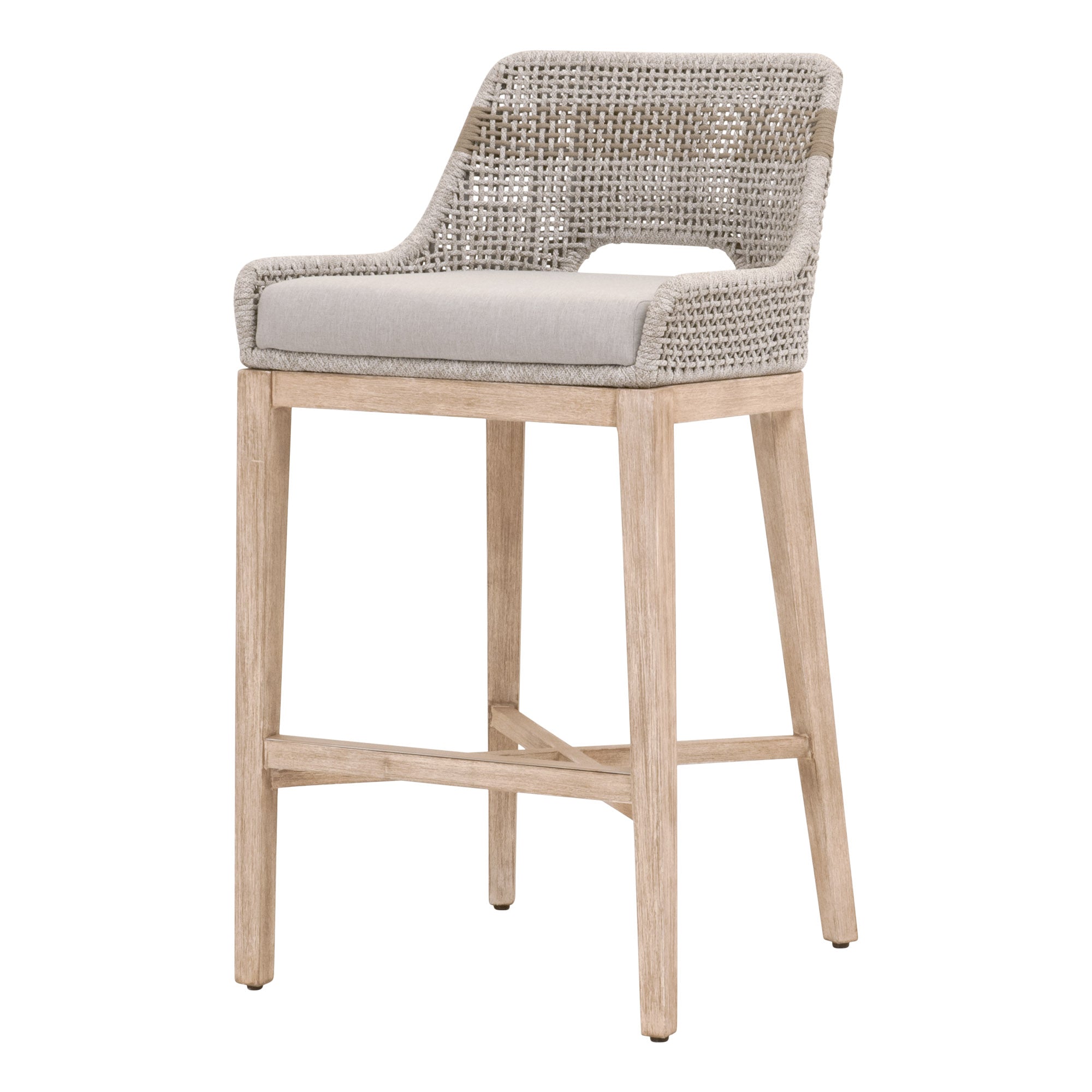 Essentials for Living Tapestry Barstool with taupe and white woven rope seat and natural gray mahogany wood frame