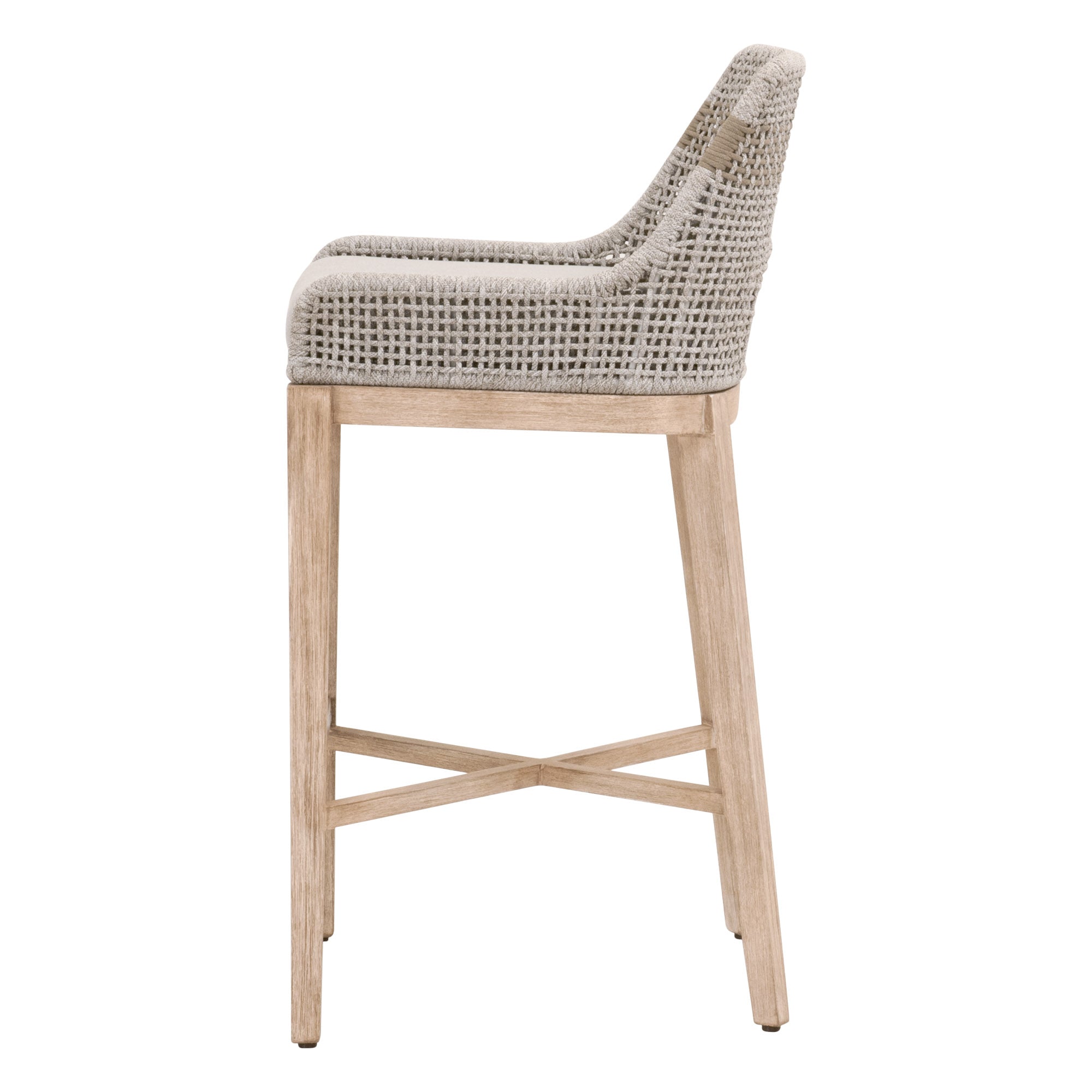 Side view of Essentials for Living Tapestry Barstool with woven rope seat and natural gray mahogany base.