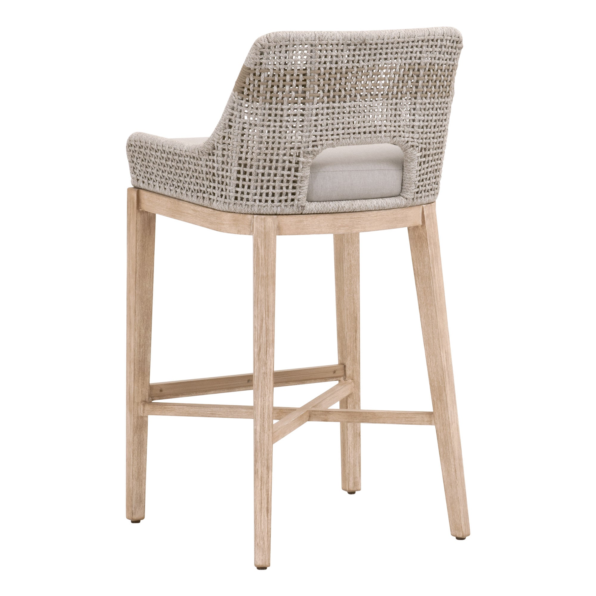 Tapestry Barstool by Essentials For Living with woven taupe and white rope back, pumice cushion, and natural gray wood frame
