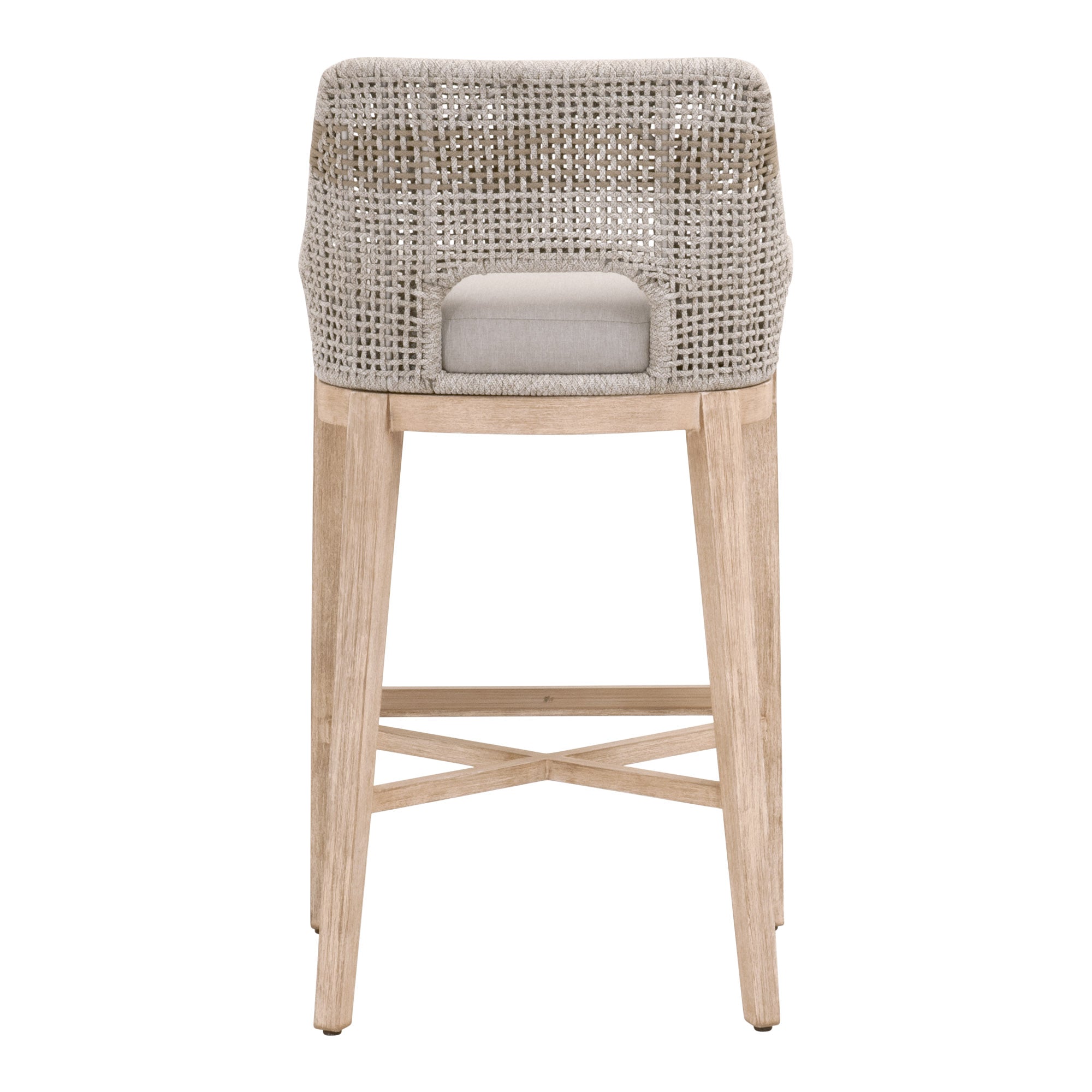 Coastal style Tapestry Barstool with interwoven taupe rope and natural gray mahogany wood frame by Essentials For Living.