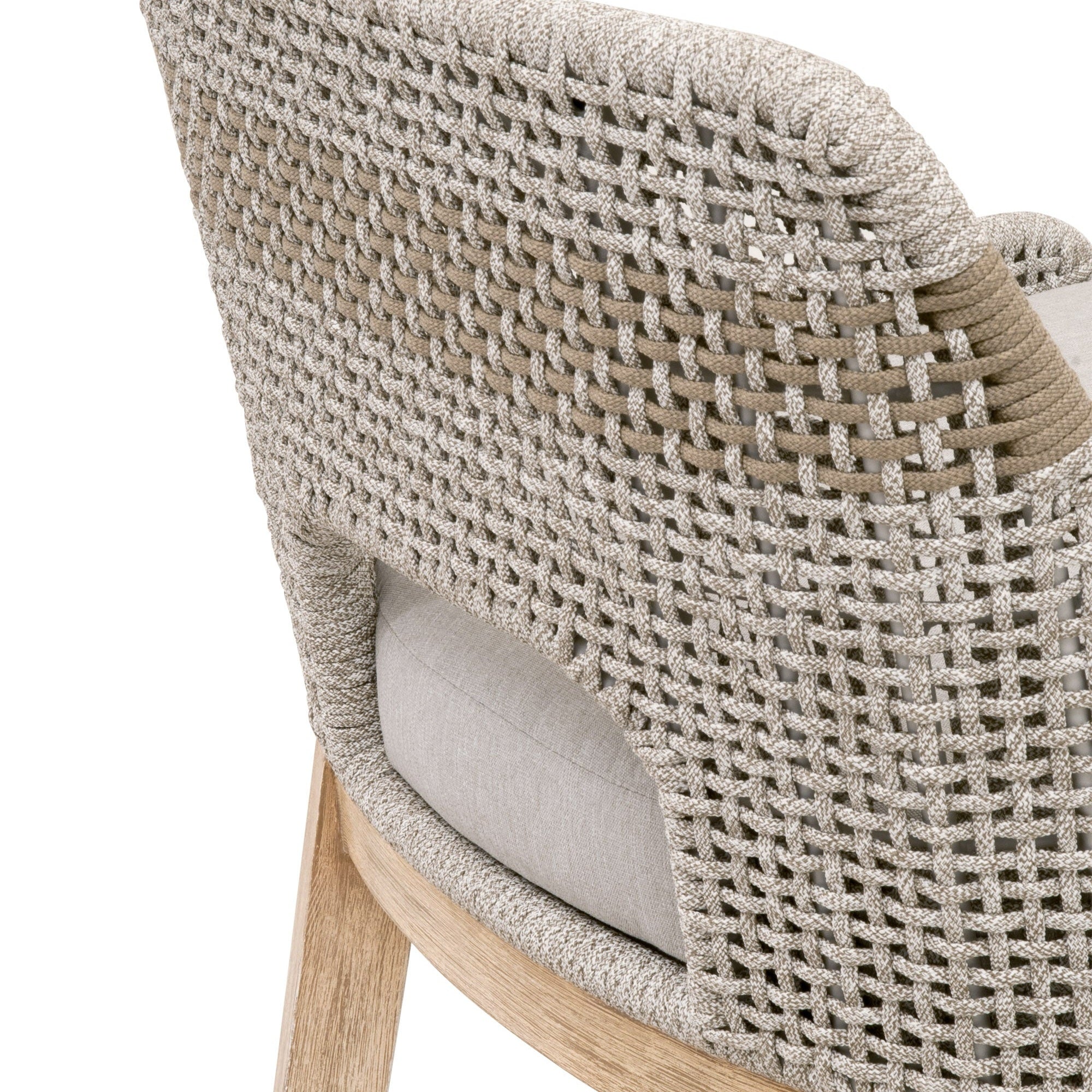 Close-up of Essentials For Living Tapestry Barstool showing taupe and white woven rope back with natural gray wood frame.