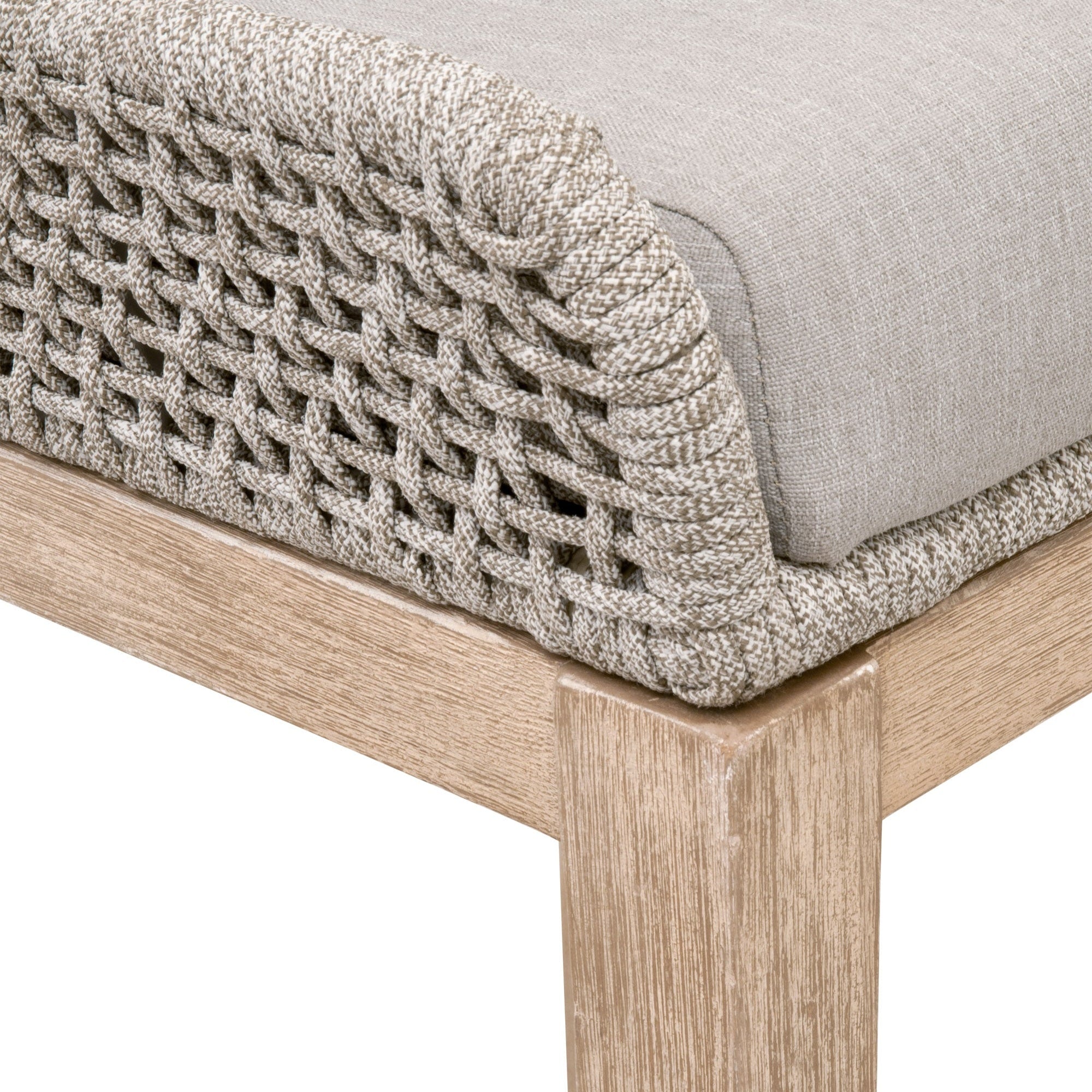 Close-up of Tapestry Barstool’s woven taupe rope detail with pumice fabric cushion on natural gray wood base