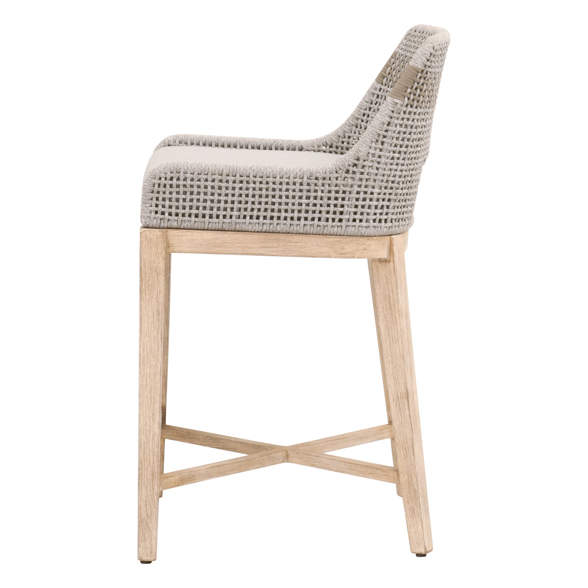 Side view of Essentials For Living Tapestry Counter Stool with taupe woven seat and natural wood base