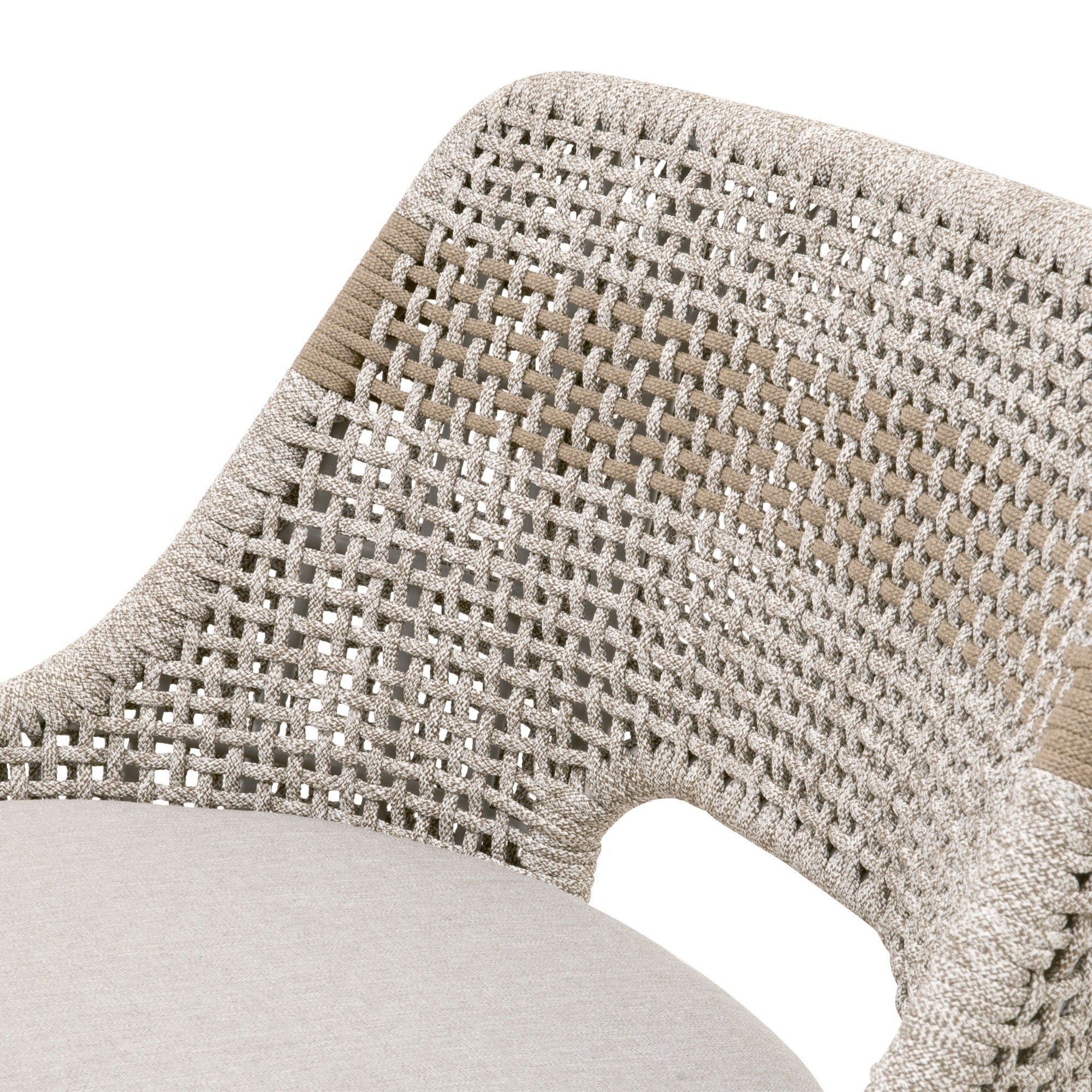 Close-up of taupe and white interwoven rope backrest and pumice fabric cushion on Essentials For Living counter stool