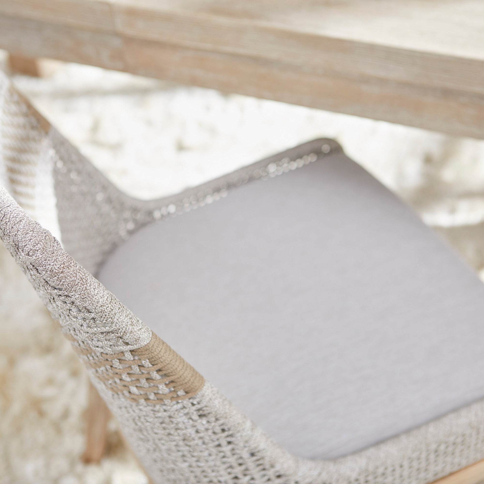 Essentials For Living tapestry dining chair with woven taupe and white rope, cushioned seat, and distressed natural gray legs