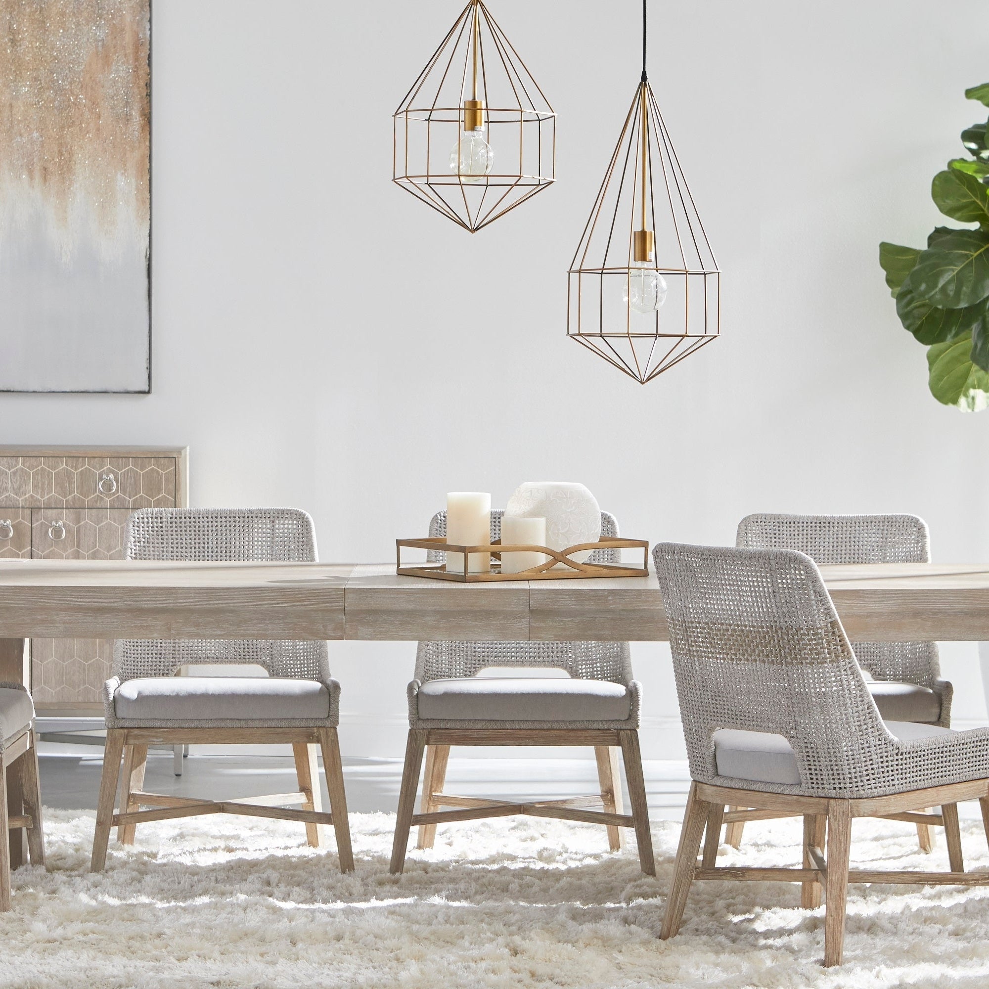 Set of two Essentials For Living woven tapestry dining chairs with taupe striped backs and pumice cushions