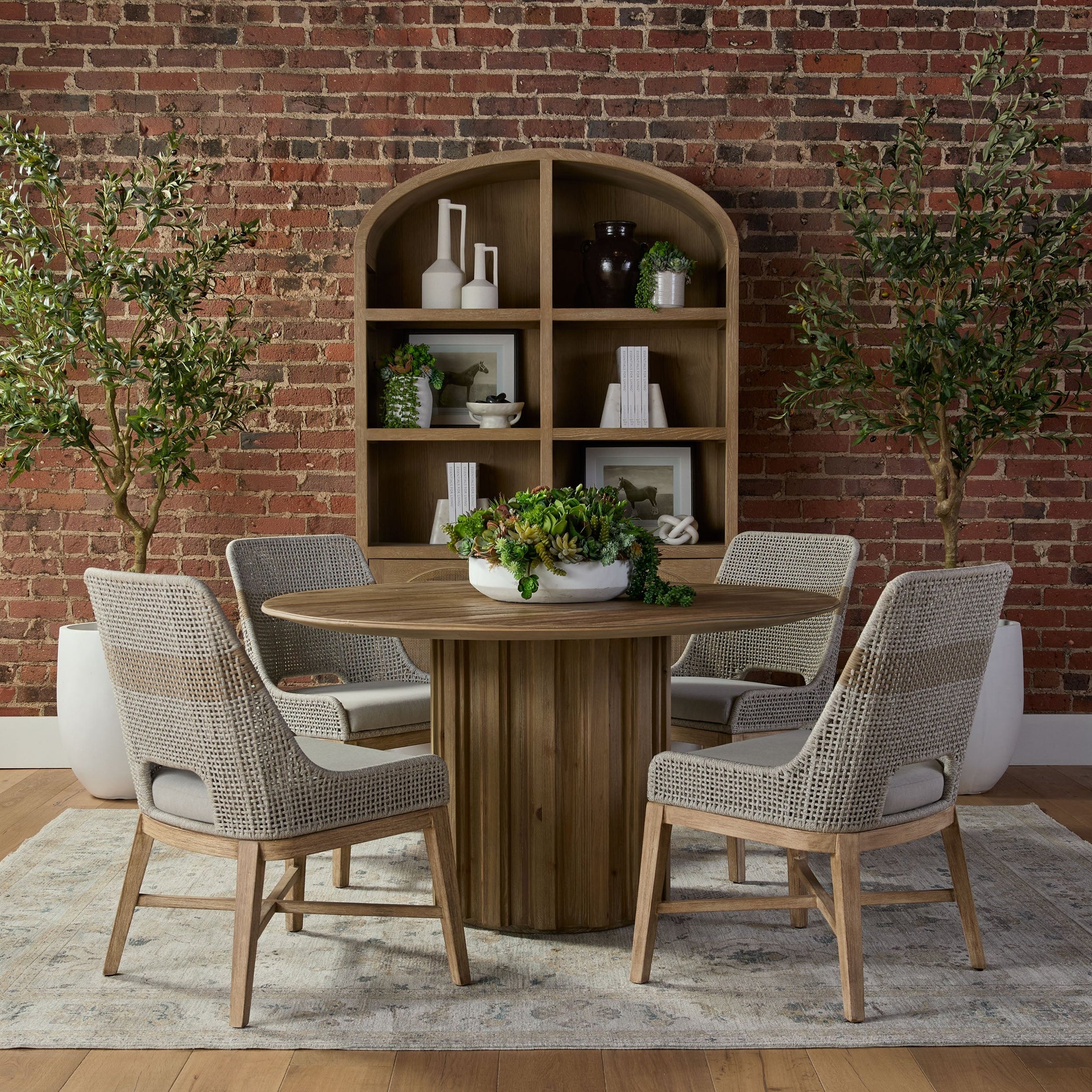 Set of two Essentials For Living tapestry dining chairs with woven taupe and white rope and distressed gray legs