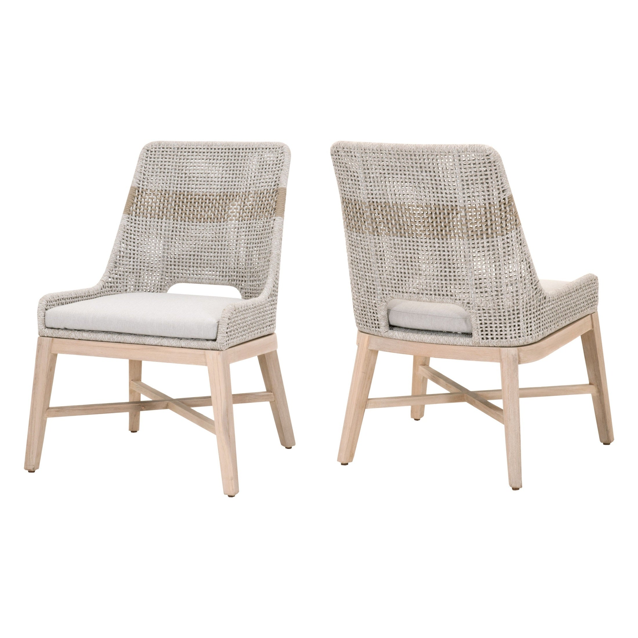 Set of two Essentials For Living tapestry dining chairs with woven taupe and white rope and natural wood legs