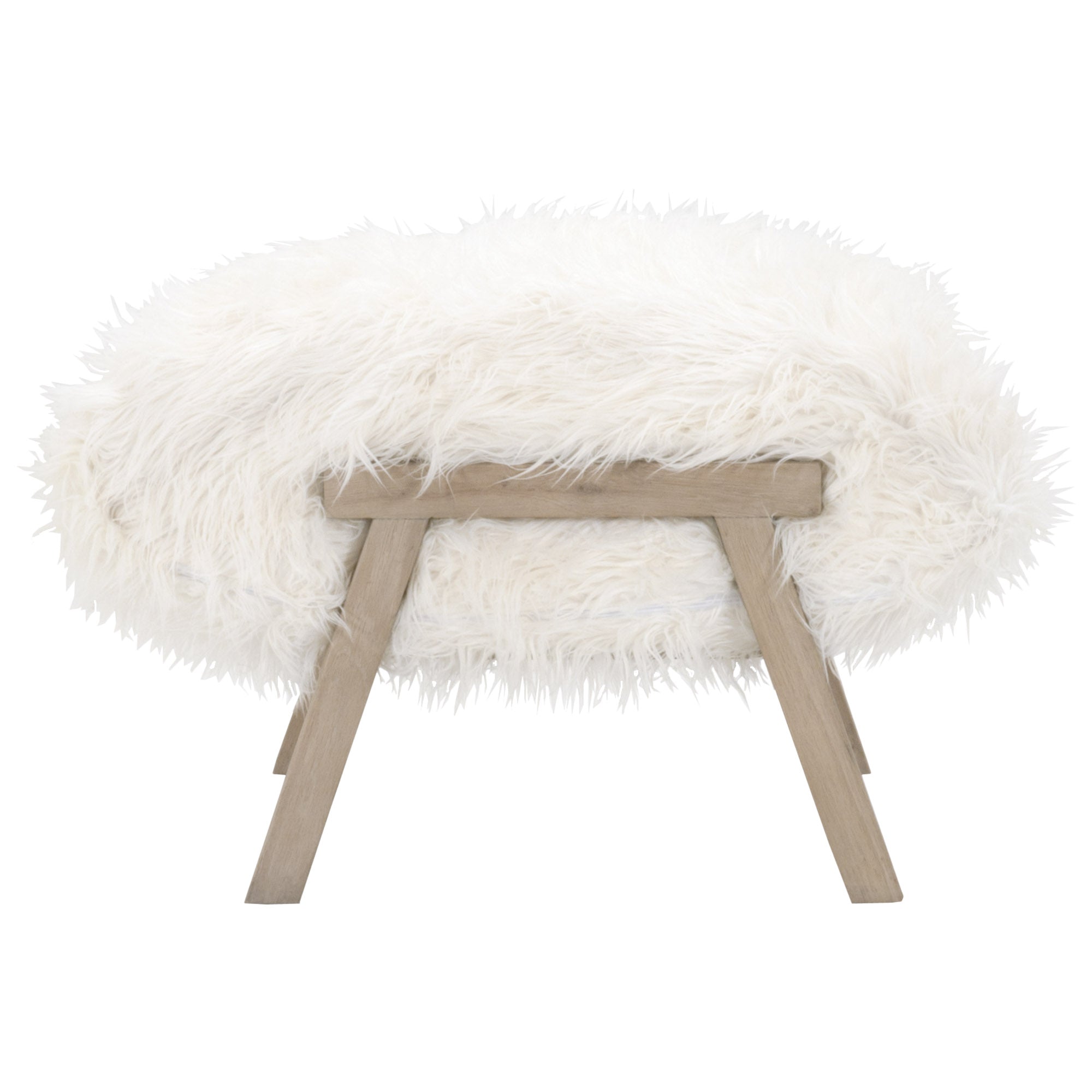 White faux fur Tibet Ottoman with angled smoke gray oak legs by Essentials For Living, a cozy modern rustic accent piece