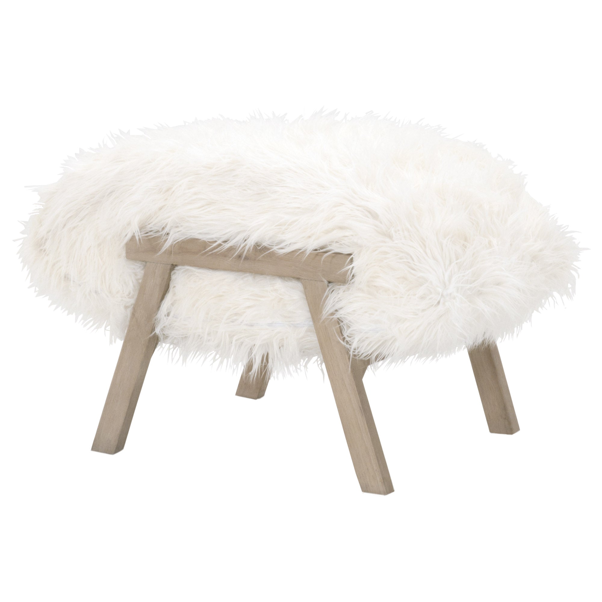 White faux fur Tibet Ottoman with smoke gray oak angled legs by Essentials for Living, cozy and stylish accent piece