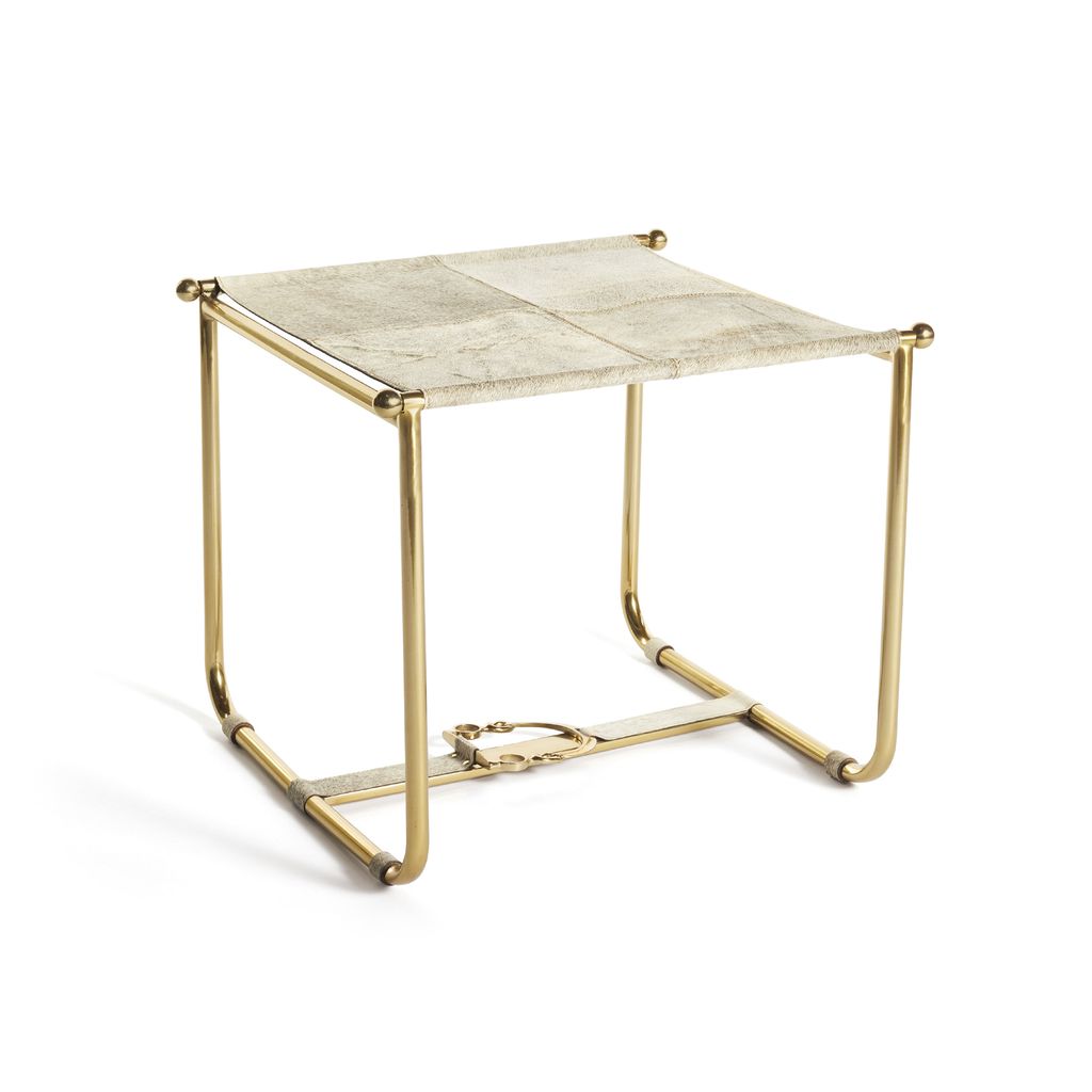 Titon Hide Stool with white hair-on-hide seat and polished nickel frame featuring horse-bit detail, GO HOME.
