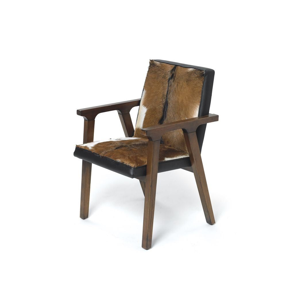 Tomkin Arm Chair with brown hair-on-hide seat and black leather back on wooden frame by GO HOME