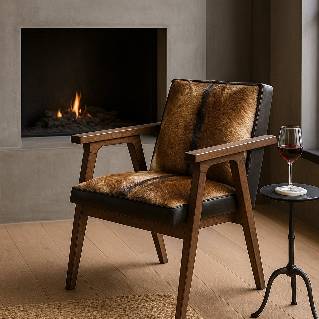 Tomkin Arm Chair with brown hair-on-hide seat, black leather back, sculptural wood frame near fireplace GO HOME